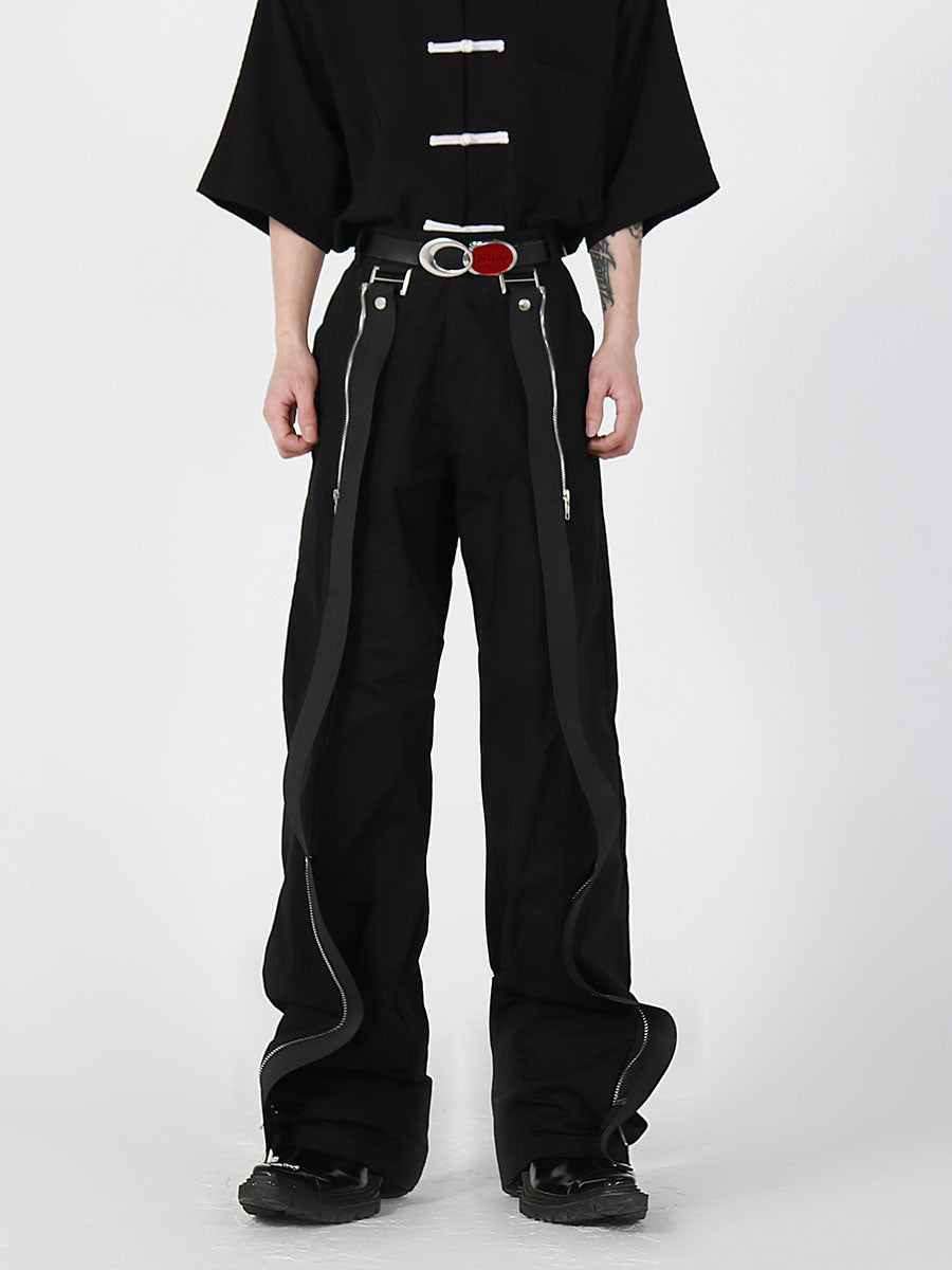 Men's Black Straight-Leg Pants with Metal Zipper-Trim Design
