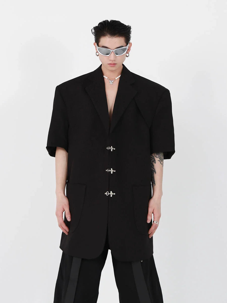 Summer Metal-Buckle Shoulder-Pad Blazer - Loose Fit Streetwear Jacket