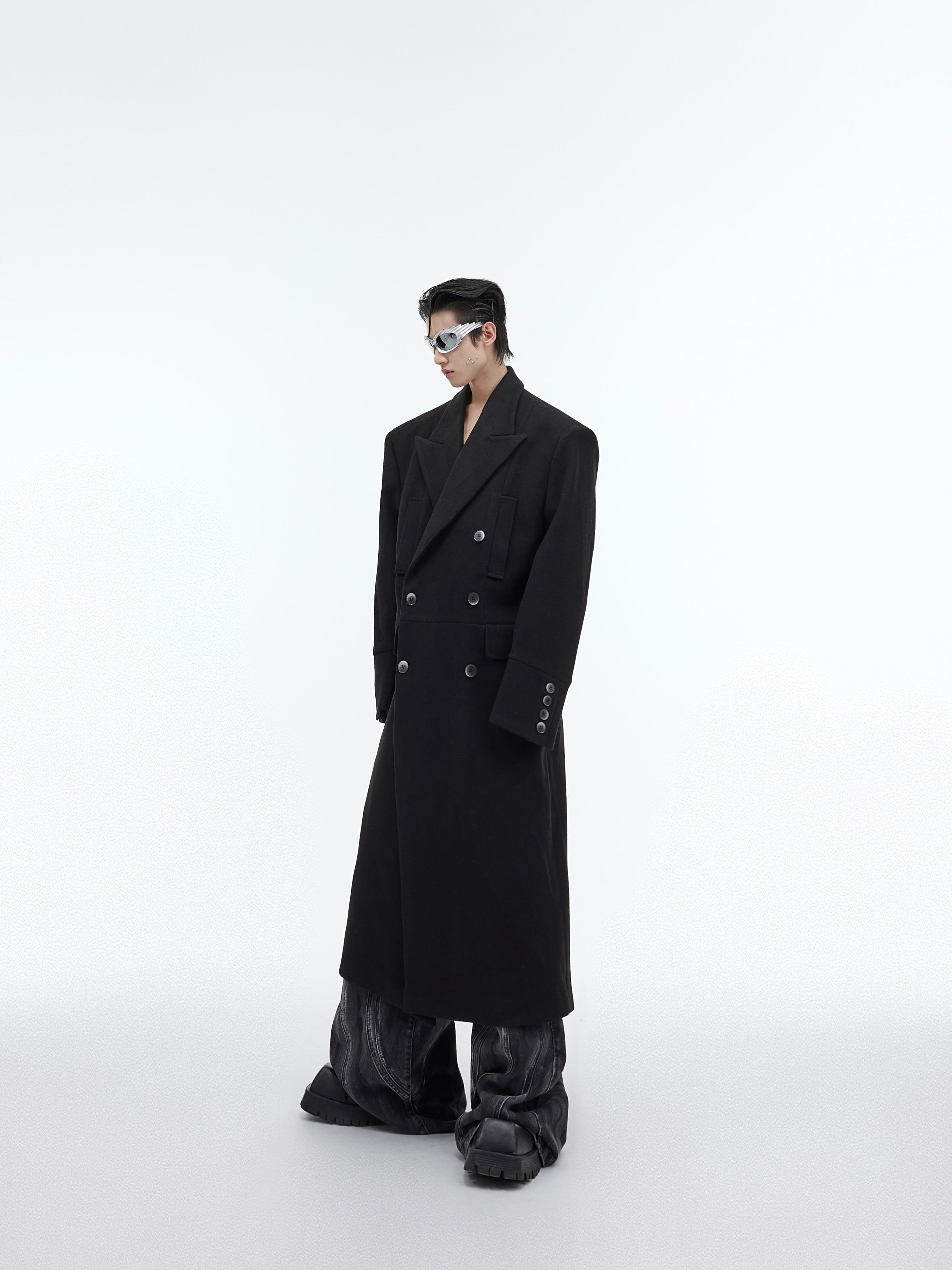 Deconstructed Wool Trench Coat - Oversized Shoulder Long Streetwear Jacket