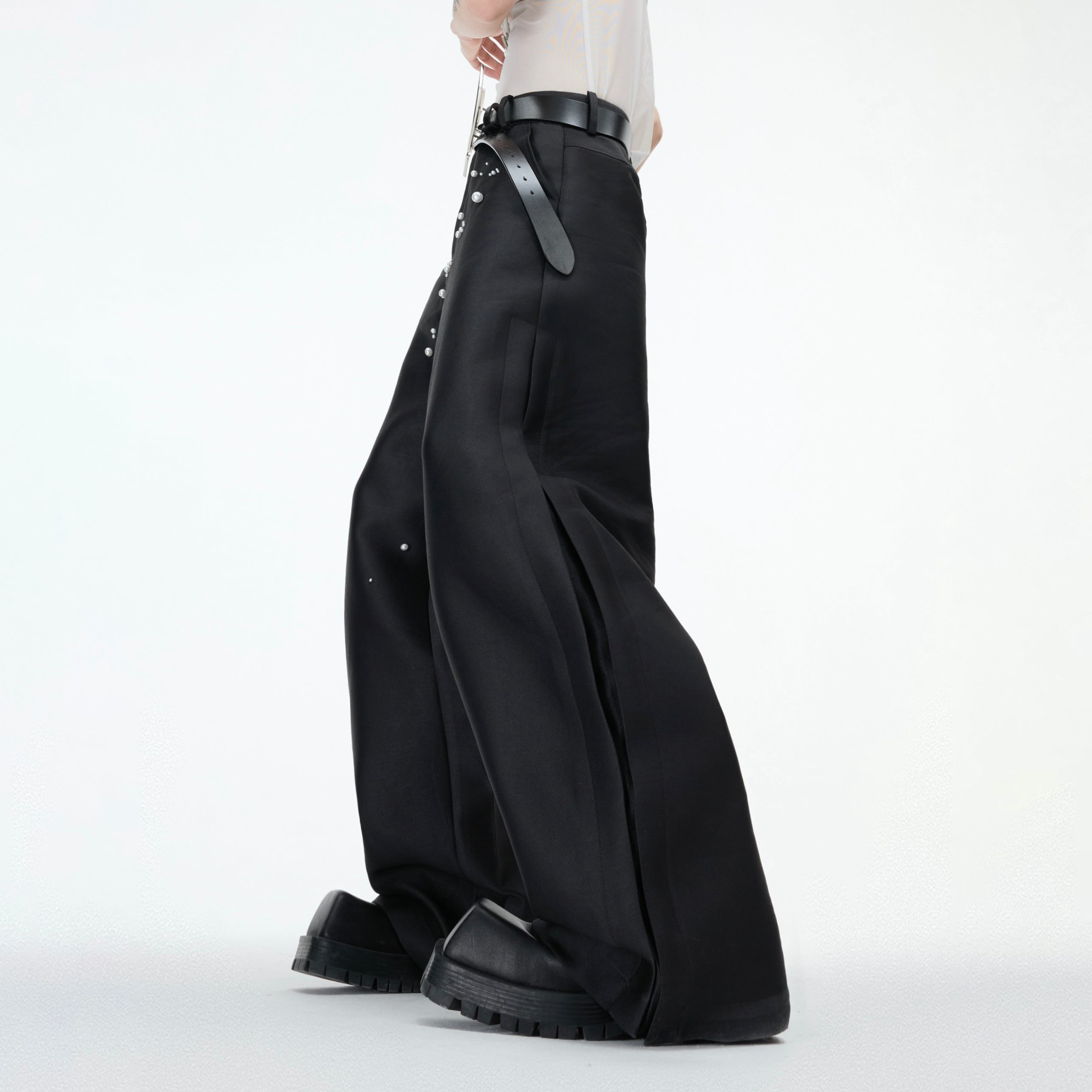 Pearl-Embellished Waxed Wide-Leg Pants - Streetwear Style