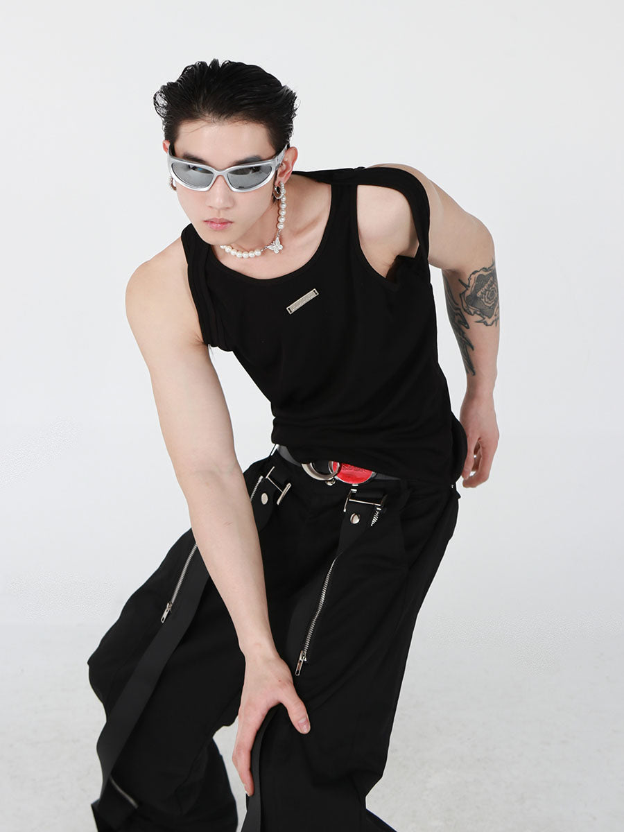 Double-Strap Sleeveless Top - Black Metal Trim Summer T-Shirt