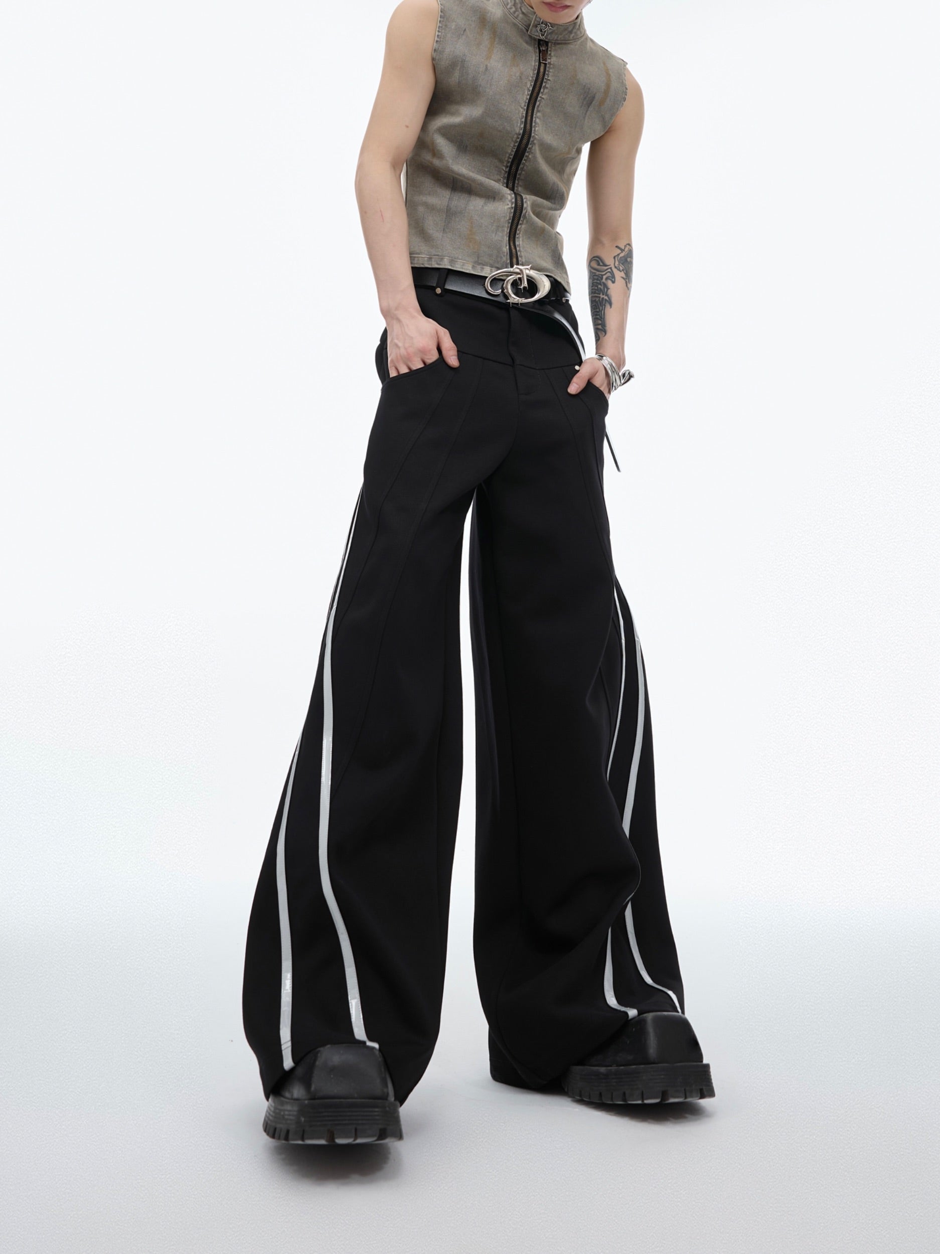 Reflective-Striped Wide-Leg Pants with Pleated Texture