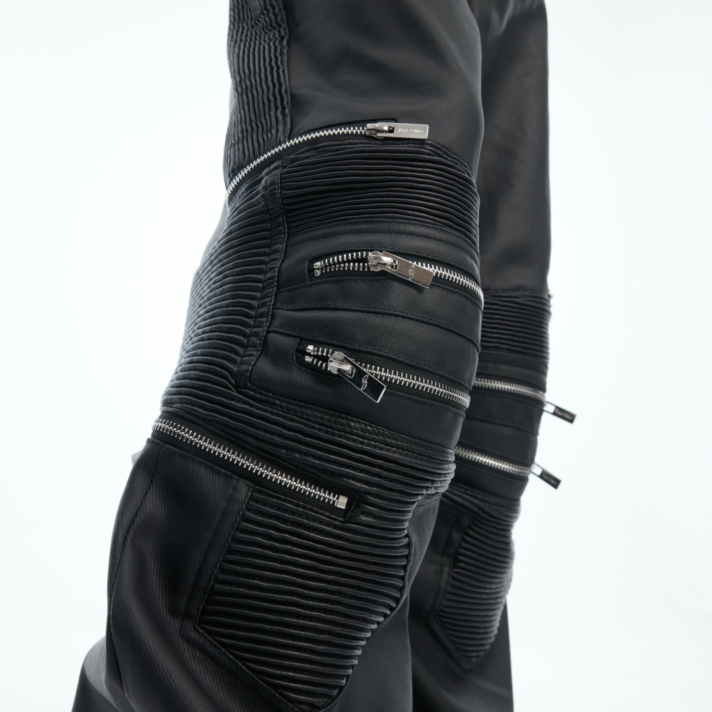 Deconstructed Metal-Zip High-Waist Leather Pants - Streetwear