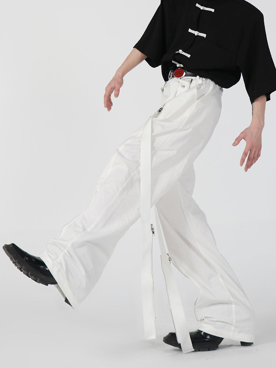 Streetwear White Pants - Metal Zipper-Detail Straight Leg Casual Pants