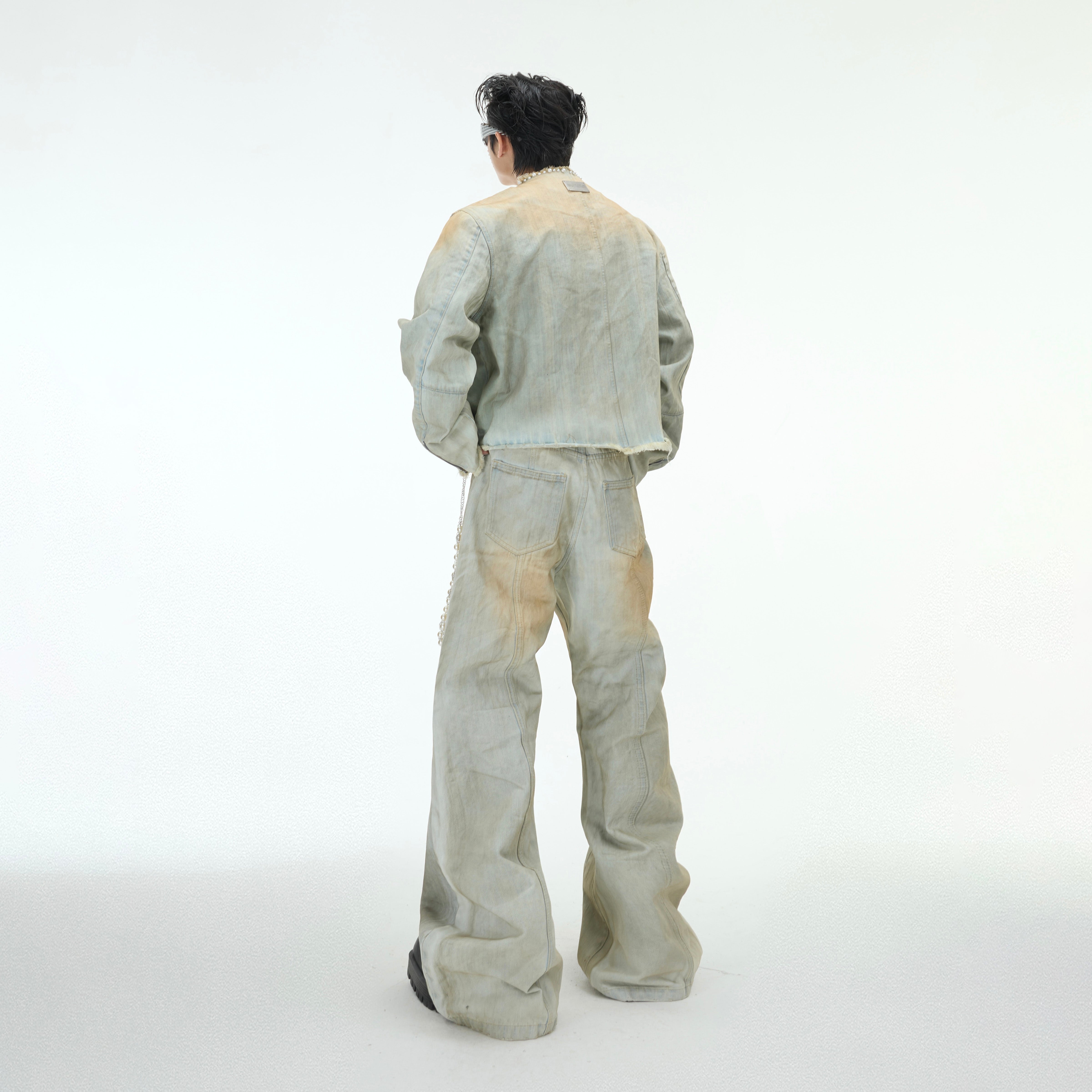 Distressed Denim Jacket with Pearl Details - Vintage Flared Jeans