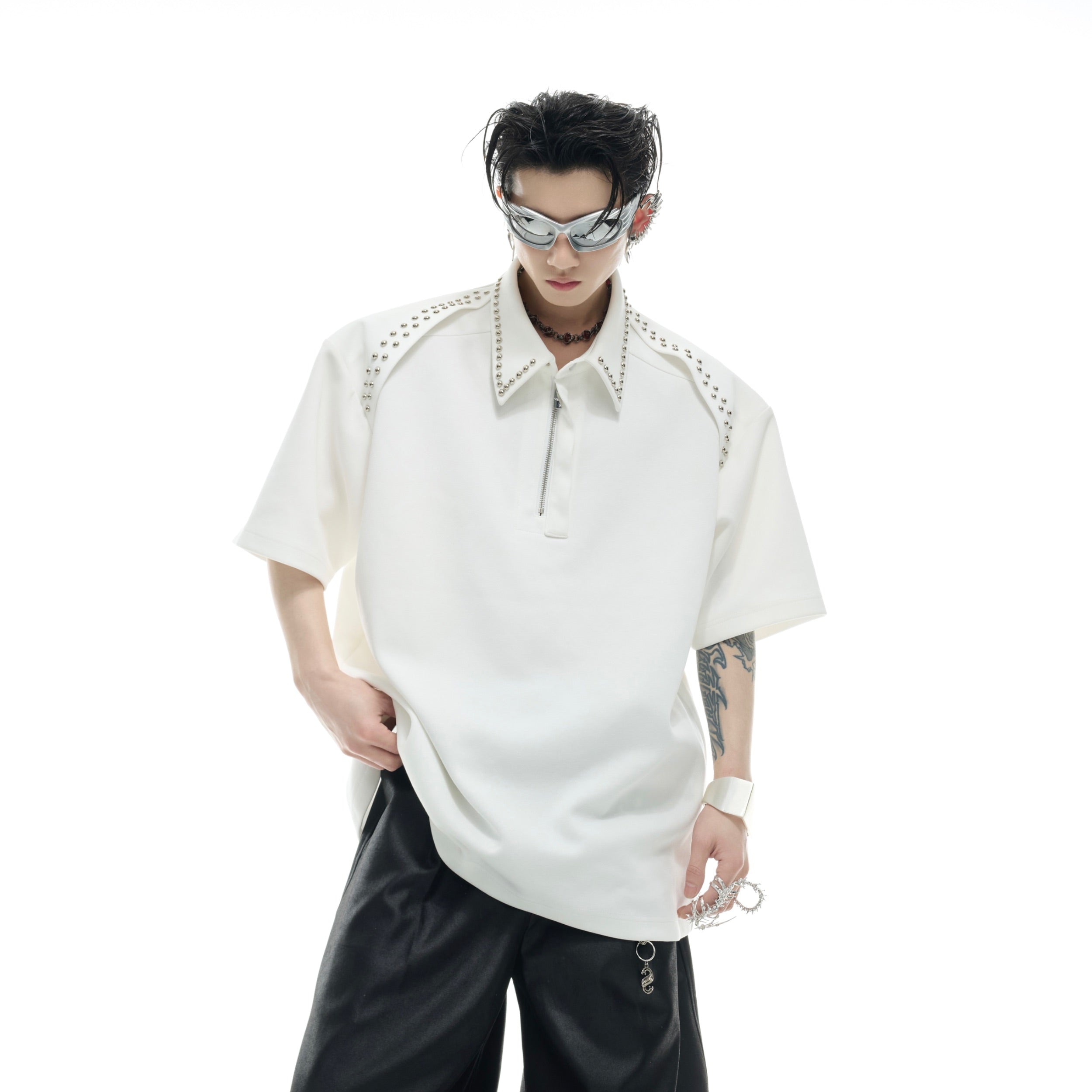 Metal-Trim Polo Shirt - Half-Zip Short Sleeve - Streetwear Top