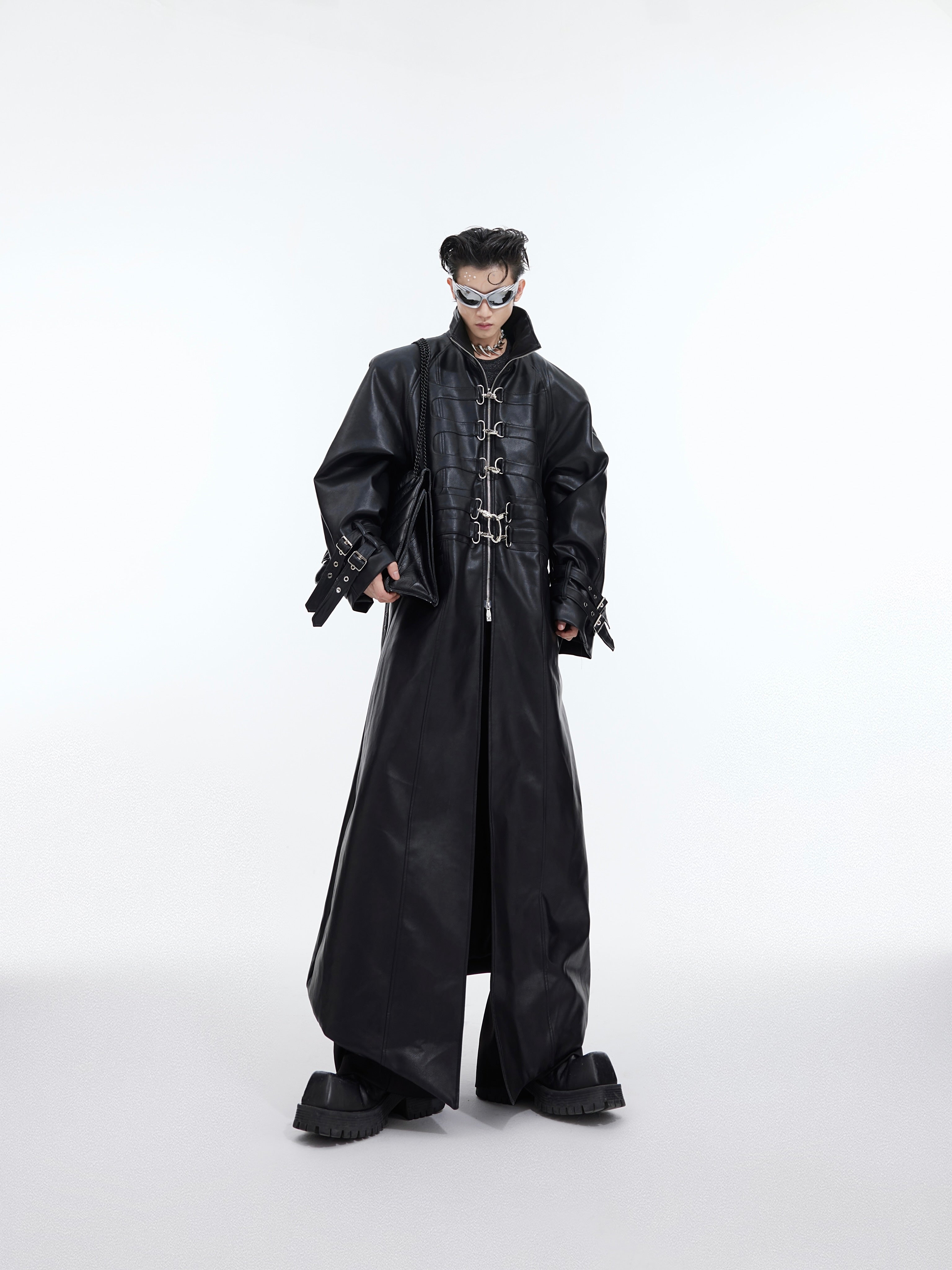 Deconstructed Leather Trench Coat with Metal Buckles-Over Knee Long