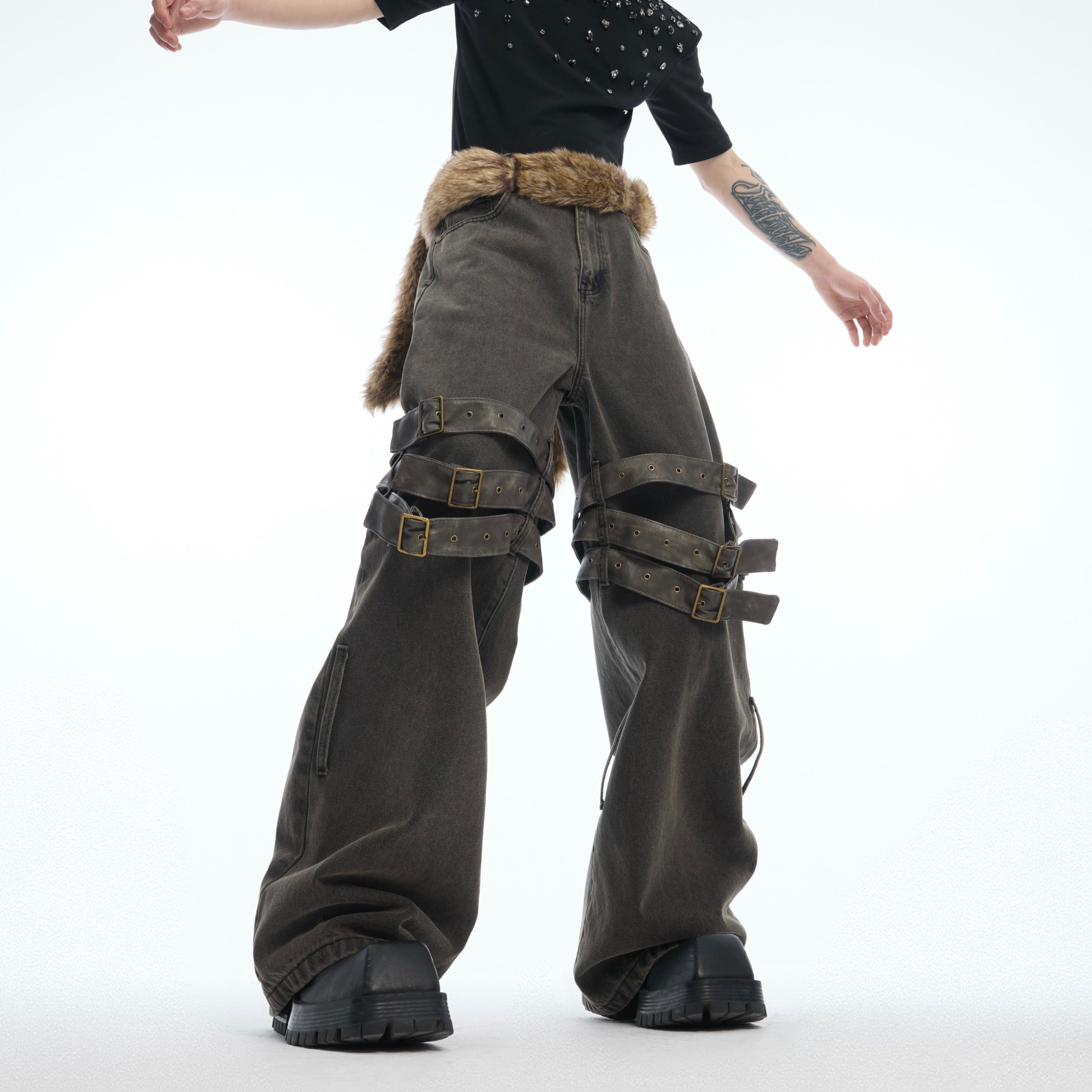 Vintage Distressed Bell-Bottom Jeans - Heavyweight Belt Design