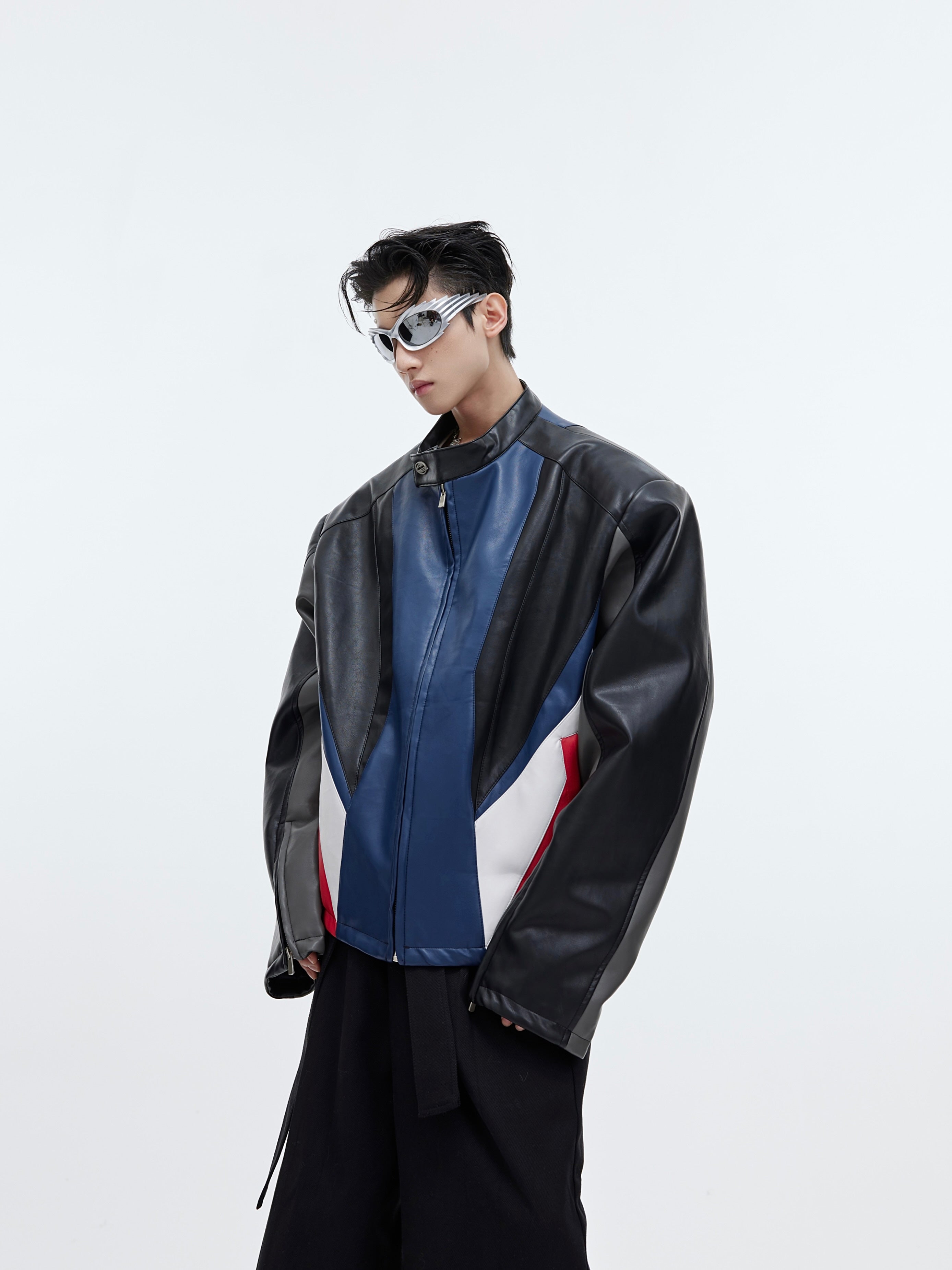 Deconstructed Color-Block PU Leather Biker Jacket - Oversized Shoulder