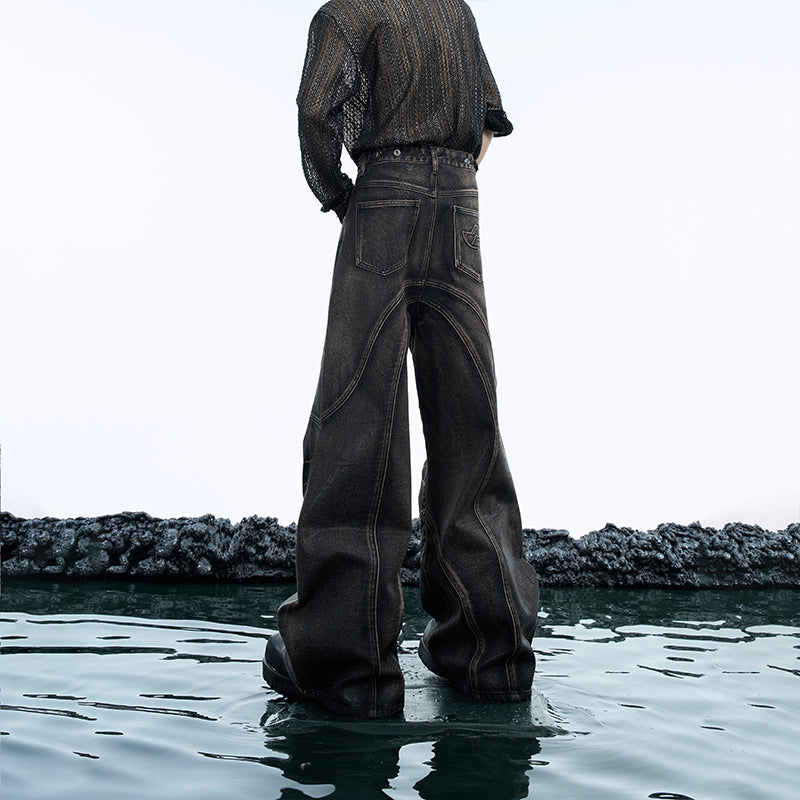 Vintage Distressed Washed Denim Jeans - Relaxed Flare Fit