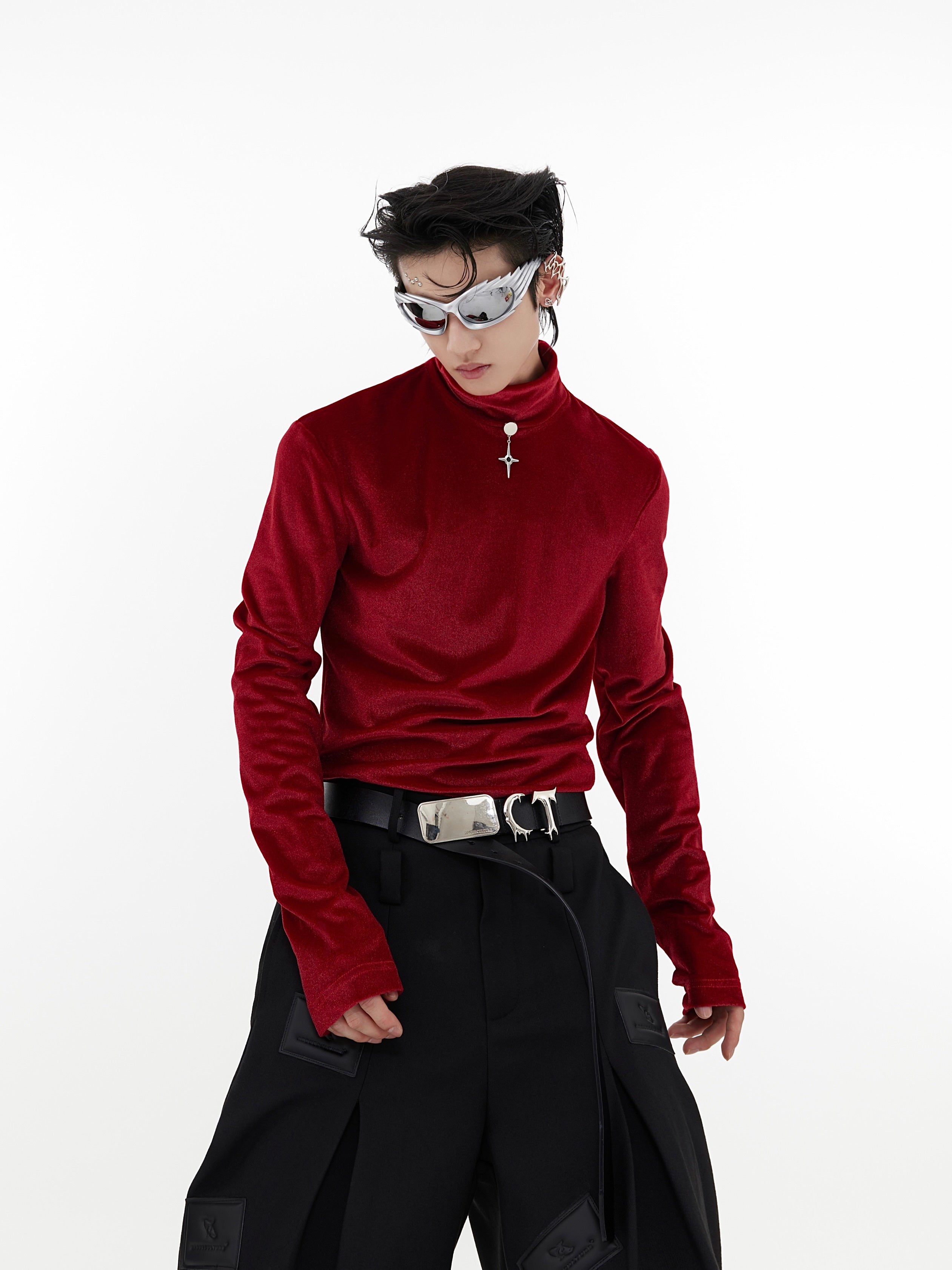 Punk Mesh Long Sleeve Top with Metal Pendant Detail