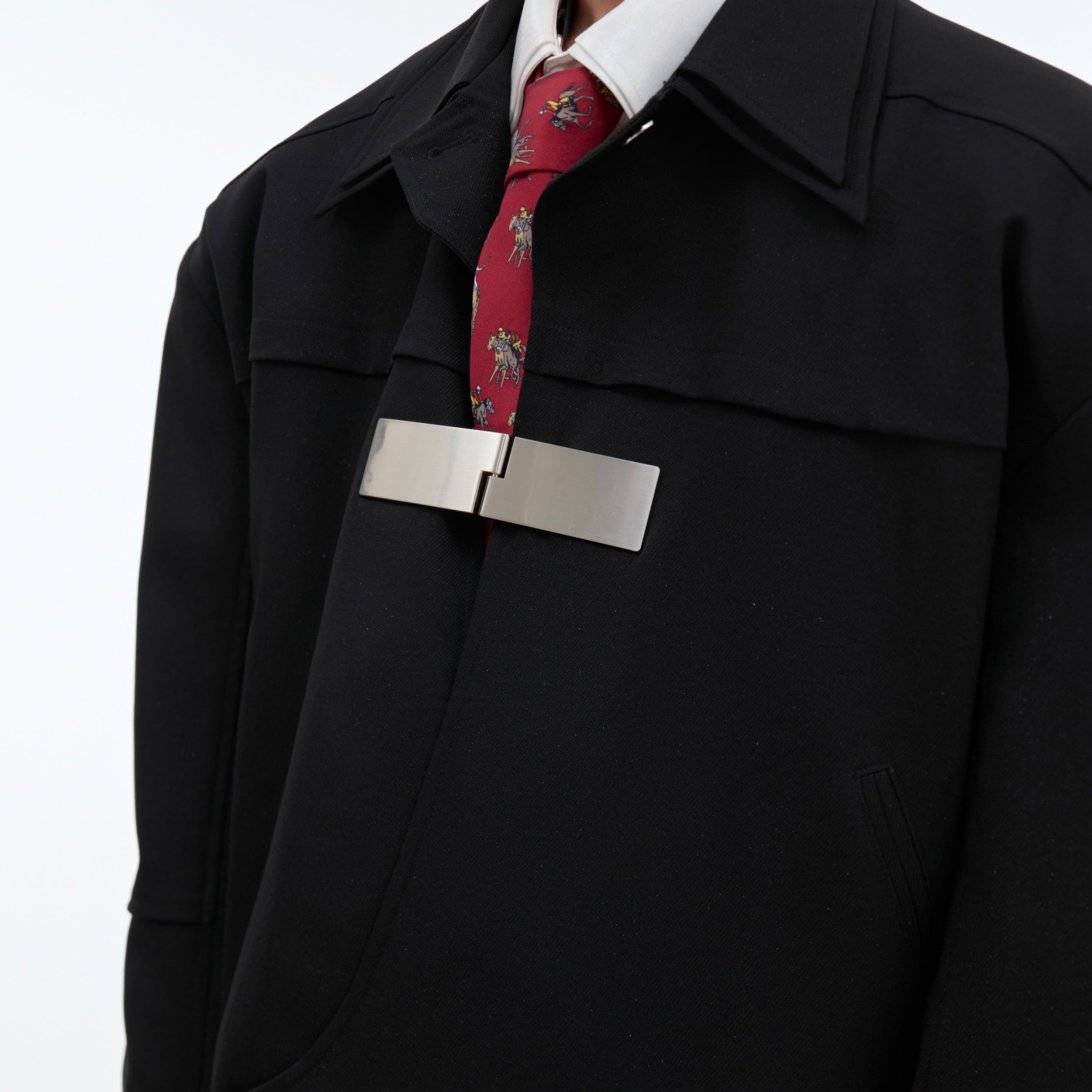 Metal-Buckle Double-Collar Black Streetwear Jacket - Oversized Fit