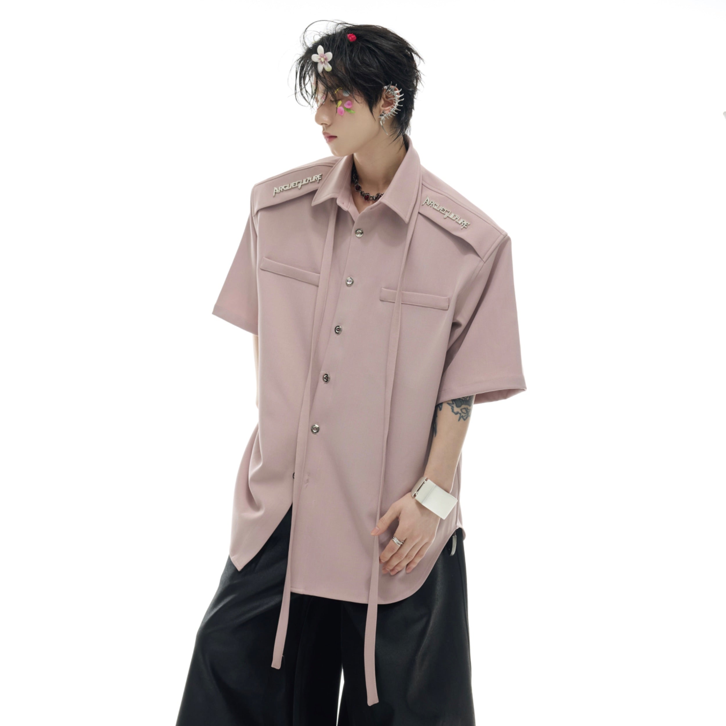 Oversized Summer Shirt with Shoulder Pads - Streetwear Ribbon T-Shirt
