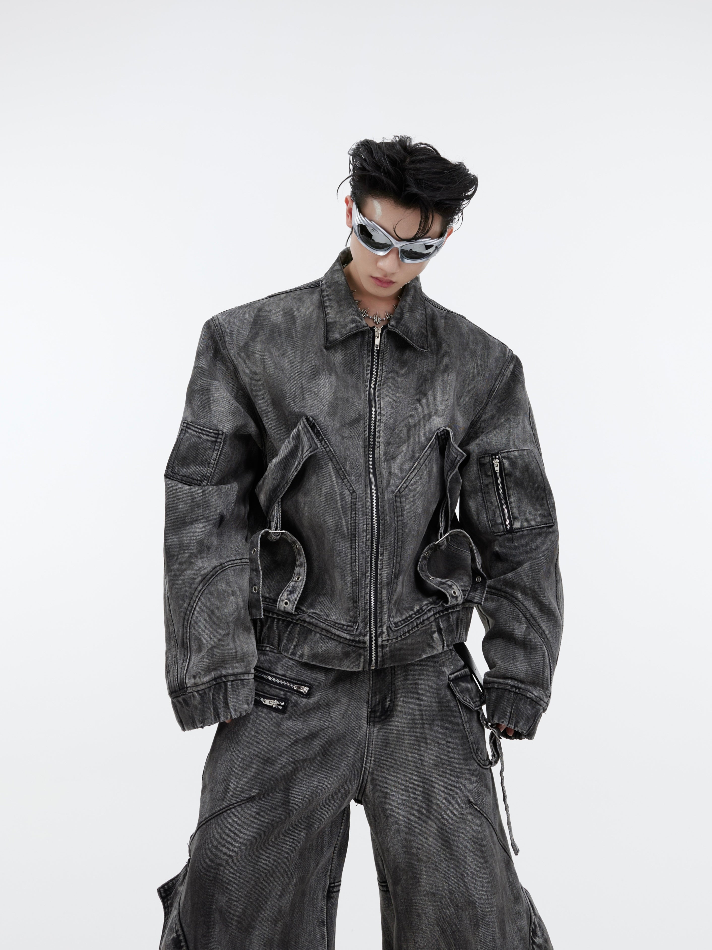 Vintage Distressed Denim Set - Zip Jacket & Cargo Pants