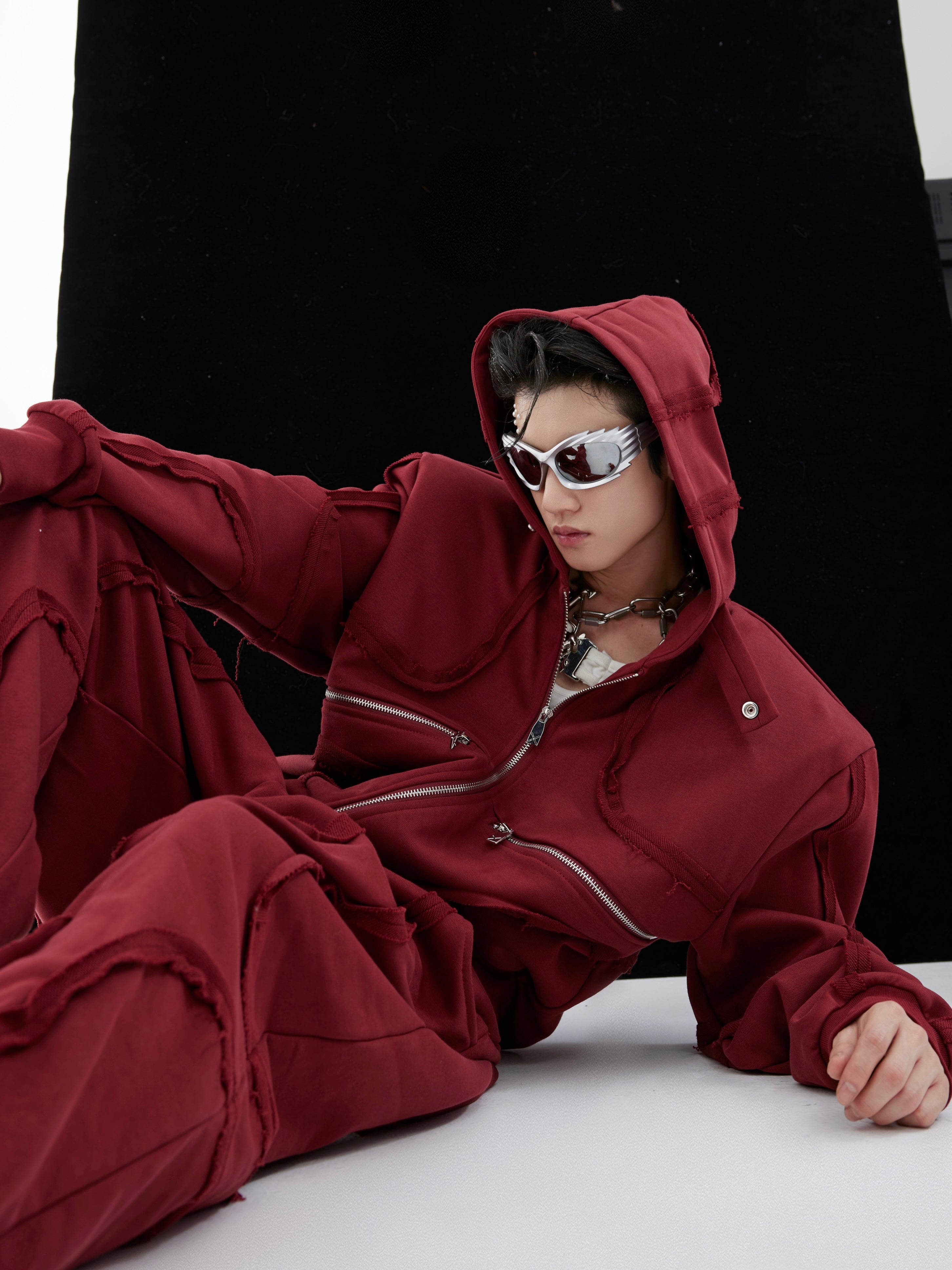 Deconstructed Cropped Hoodie - Distressed Red Streetwear Set