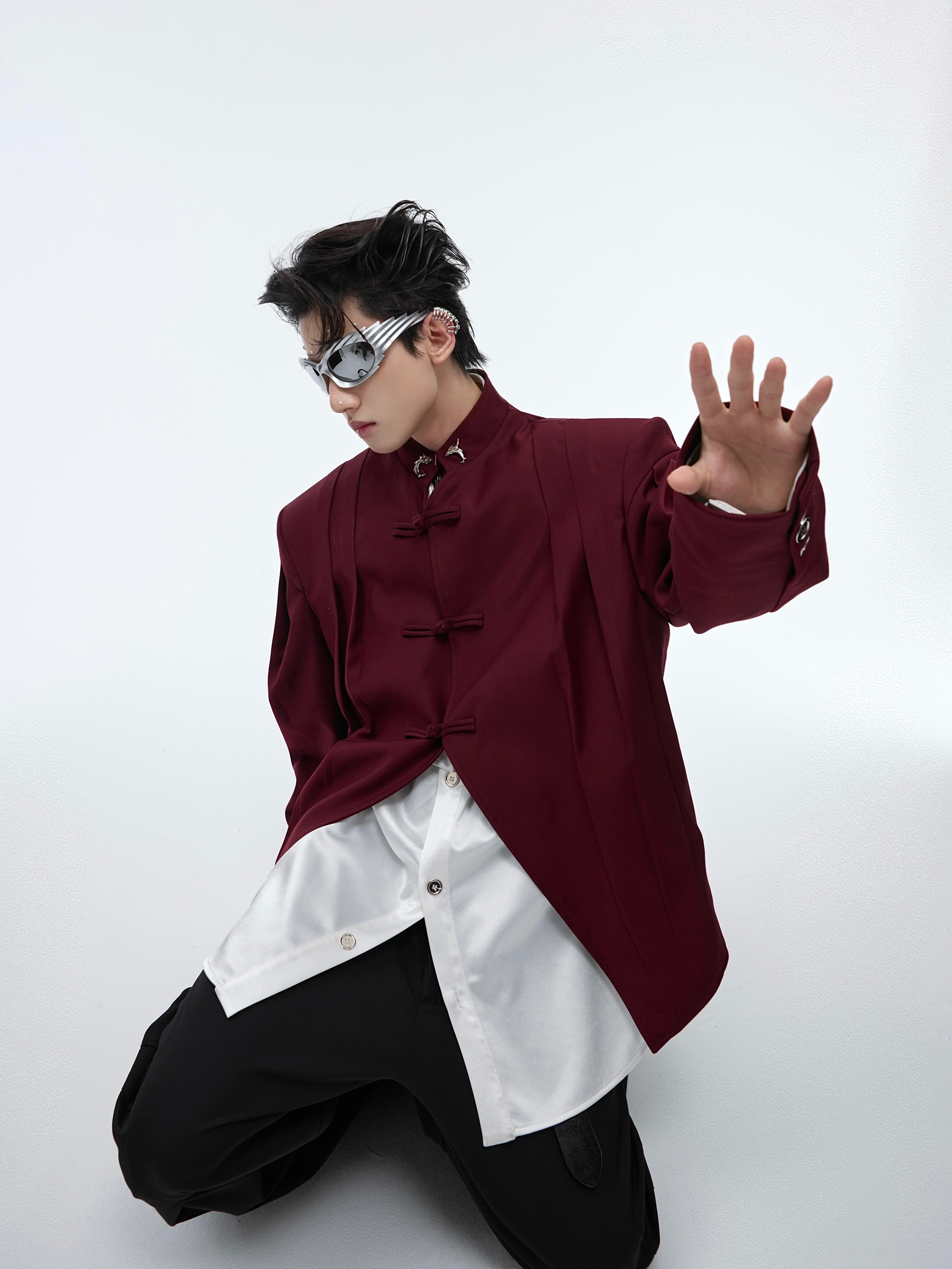 Vintage Chinese-Inspired Stand Collar Blazer with Button Detail