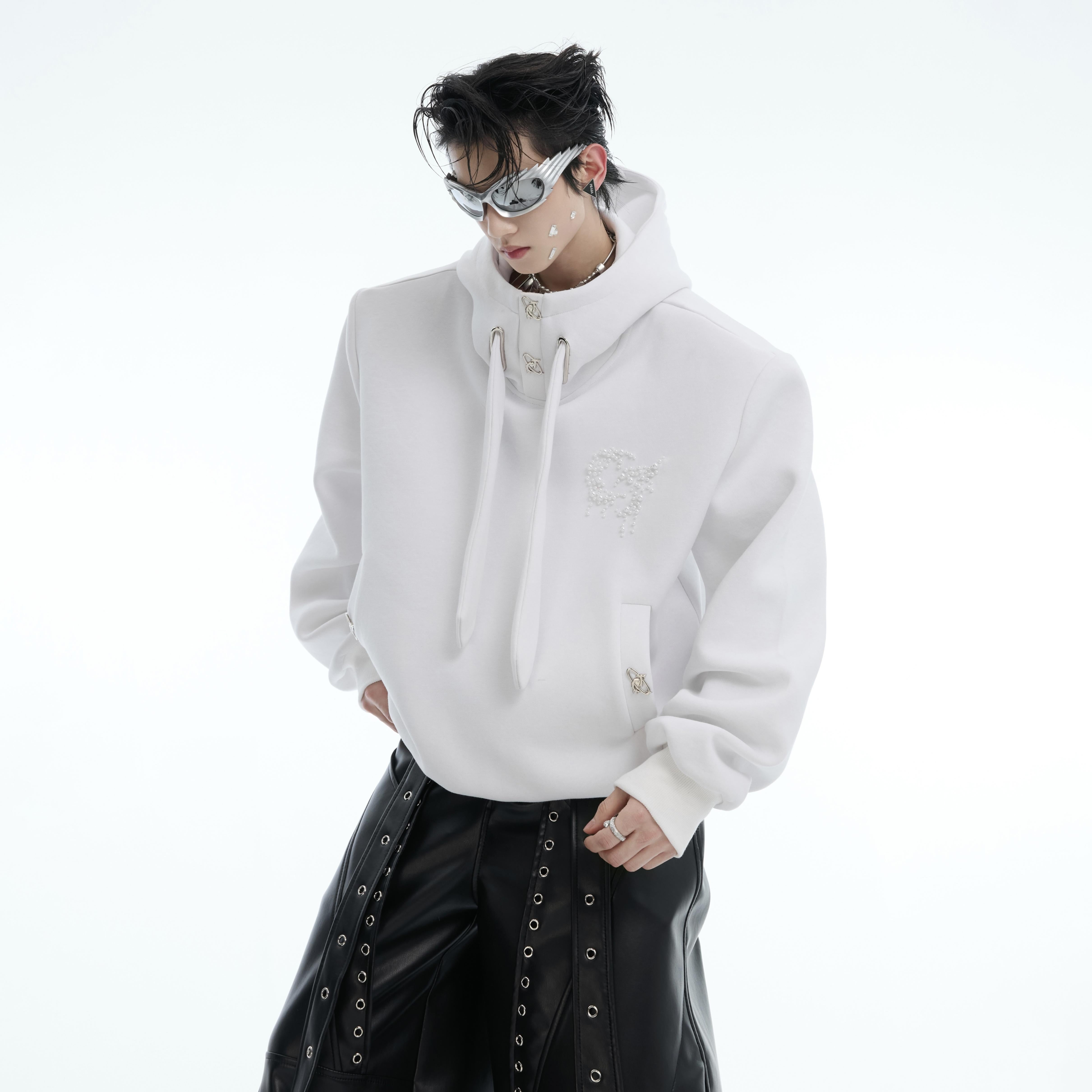 Oversized Hoodie with Pearl Details-Padded Shoulders-Streetwear