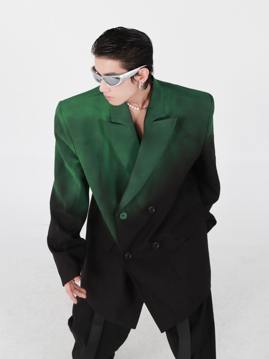 Black-Green Gradient Shoulder-Pad Blazer - Oversized Streetwear Jacket