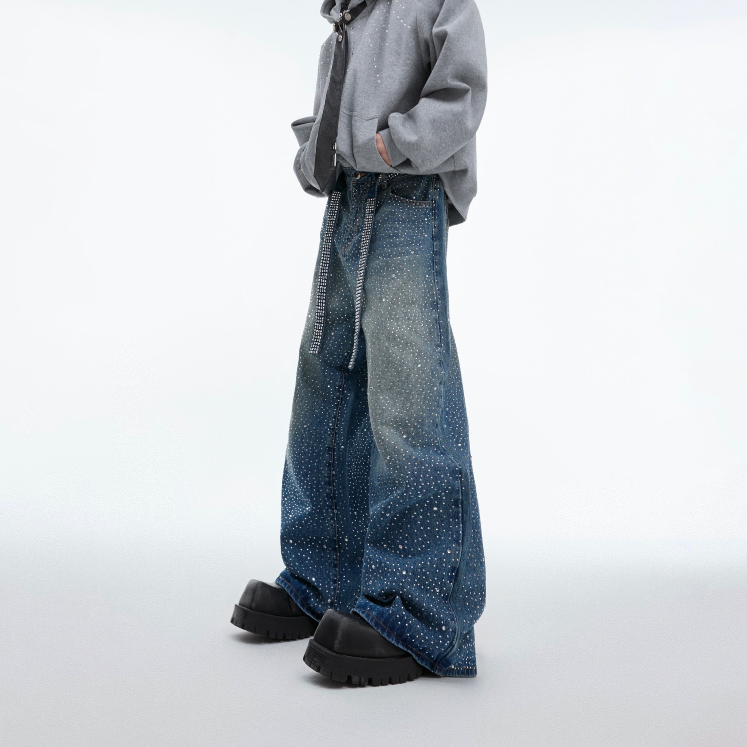 Vintage Washed Distressed Star-Embroidered Wide-Leg Jeans