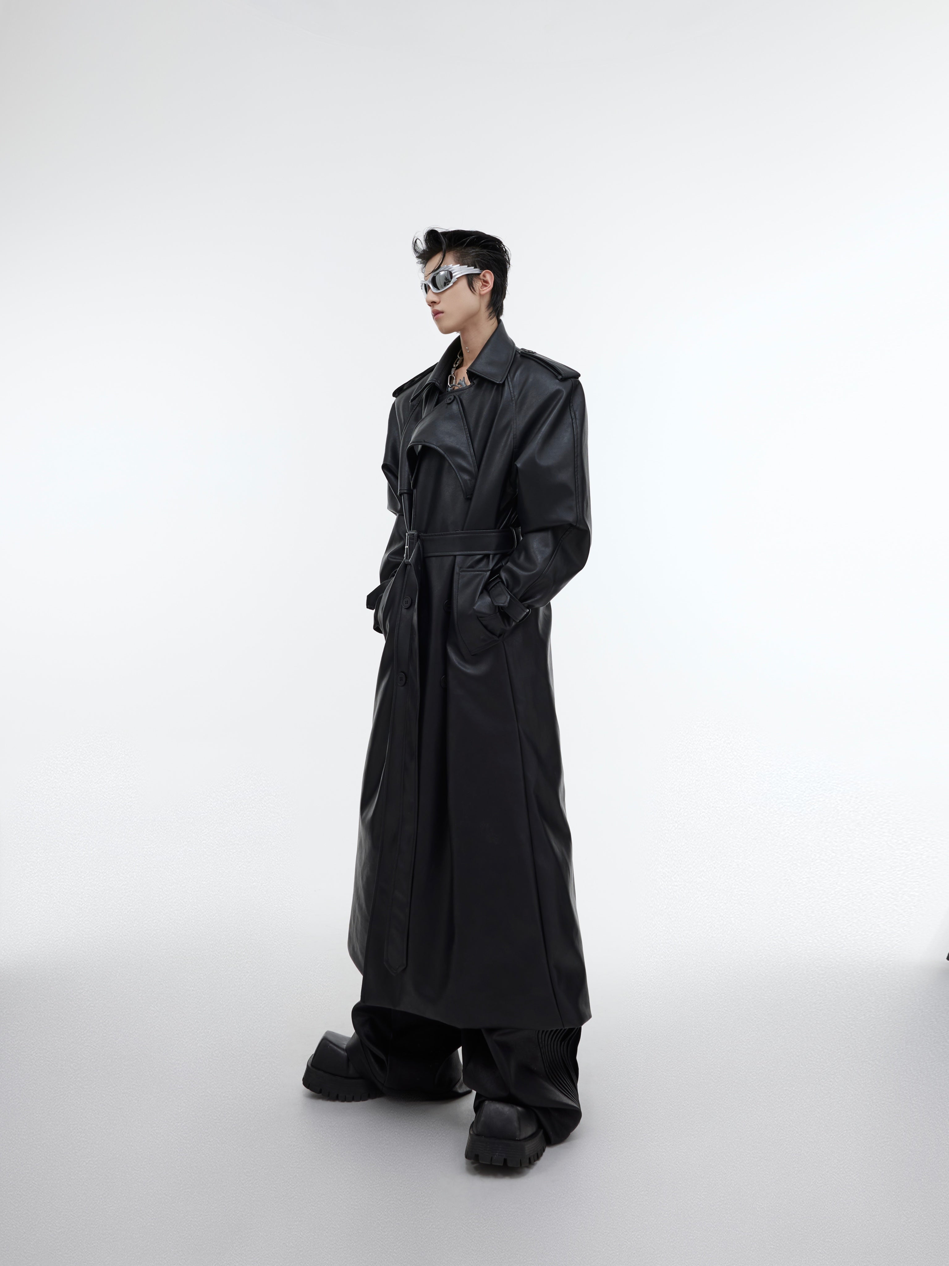 Deconstructed Shoulder-Padded PU Leather Trench Coat - Oversized Streetwear