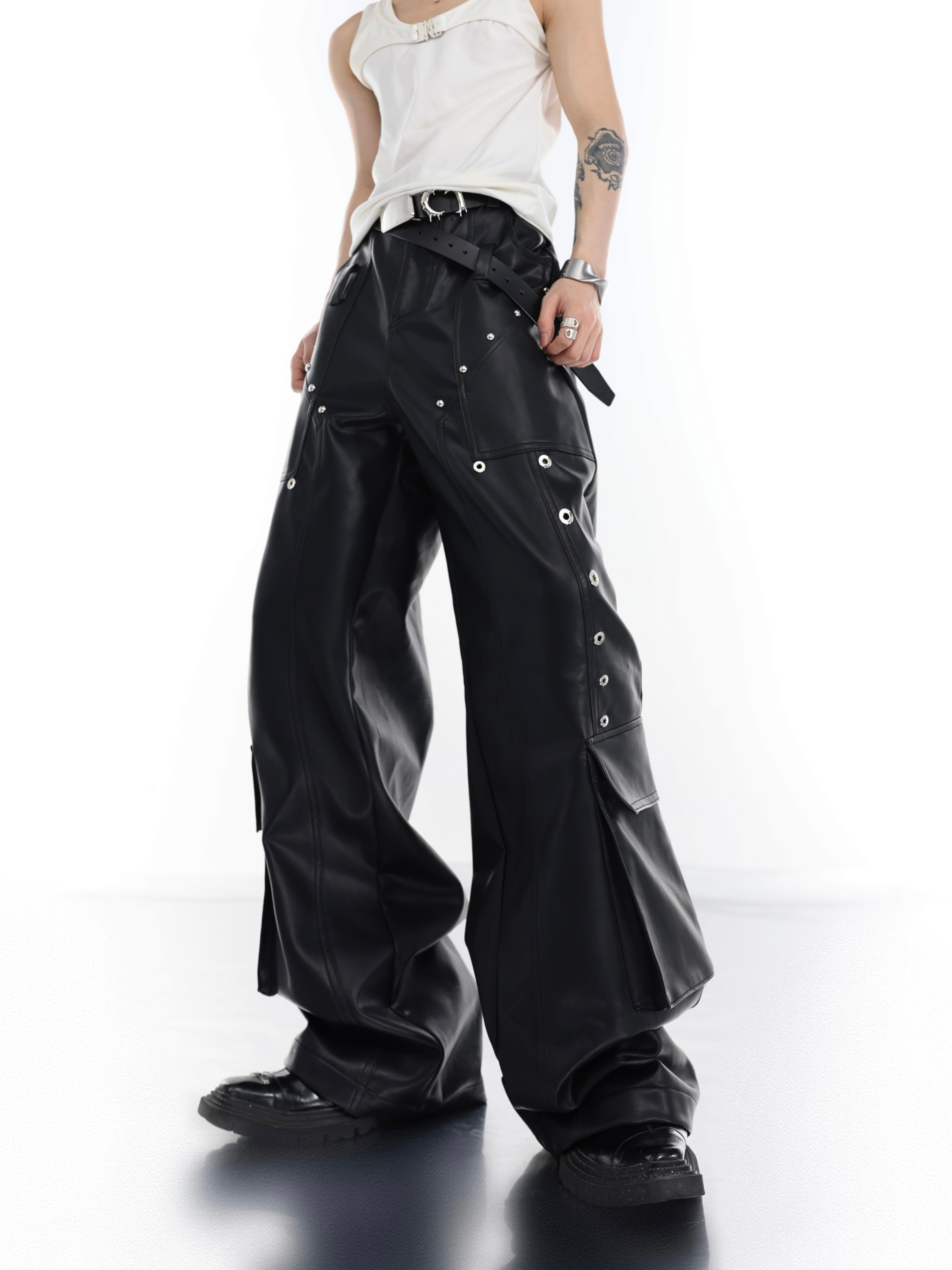 Streetwear PU Pants - Black Straight-leg with Metal Studs