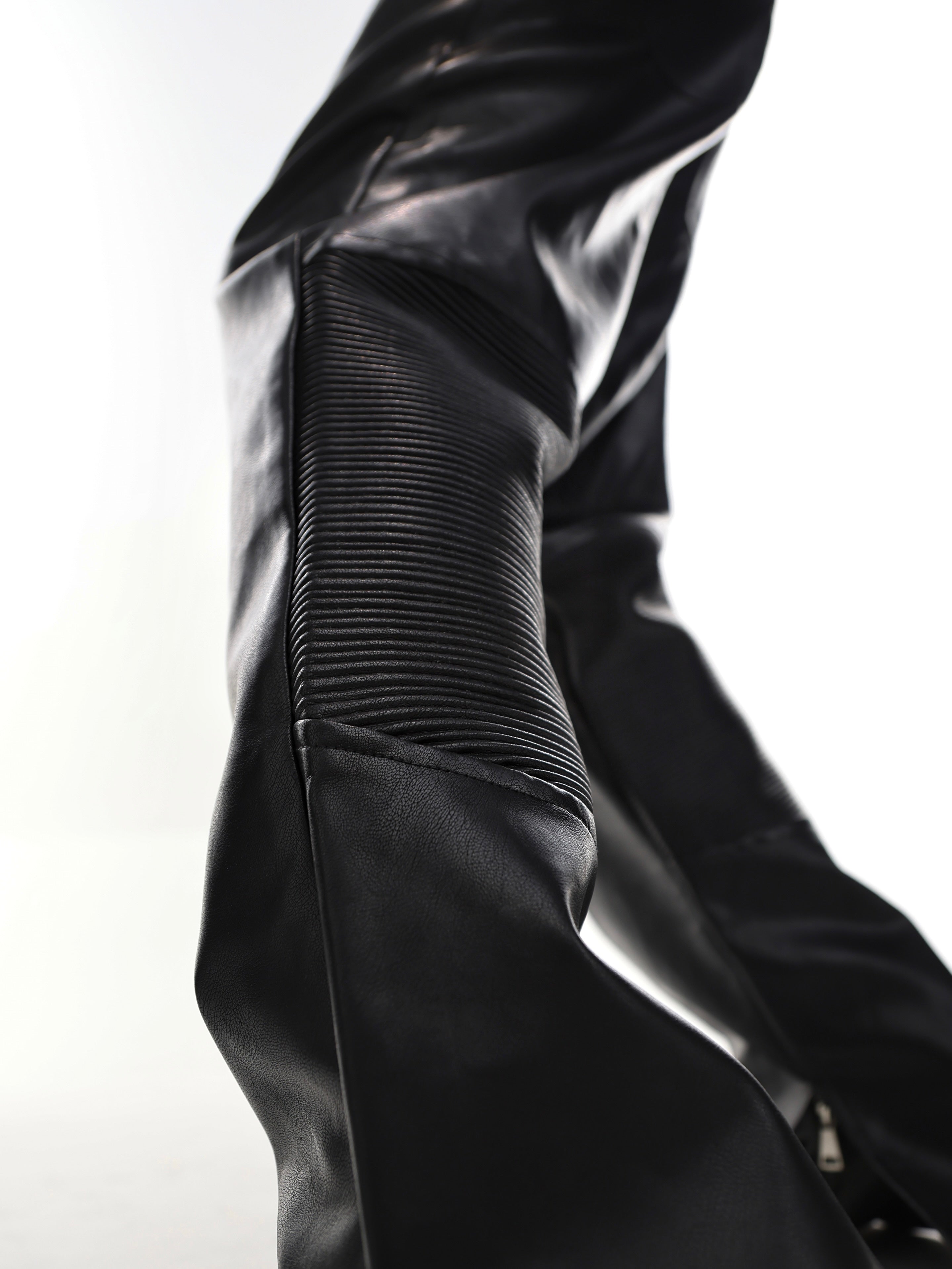 Deconstructed Pleated Leather Pants - Split Hem Slim Fit Streetwear