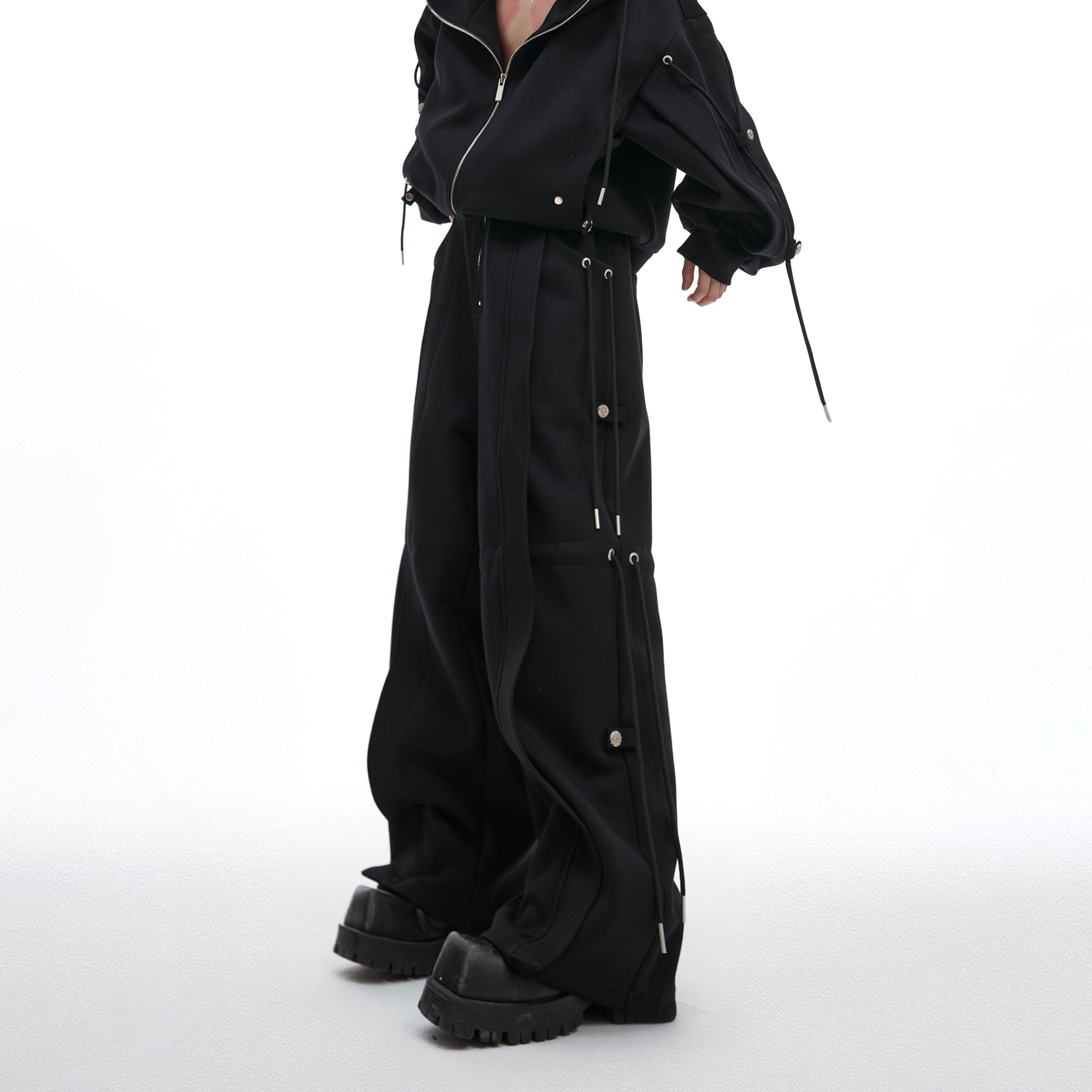 Deconstructed Ribbon-Waist Jogger Pants - Loose Stacked Streetwear