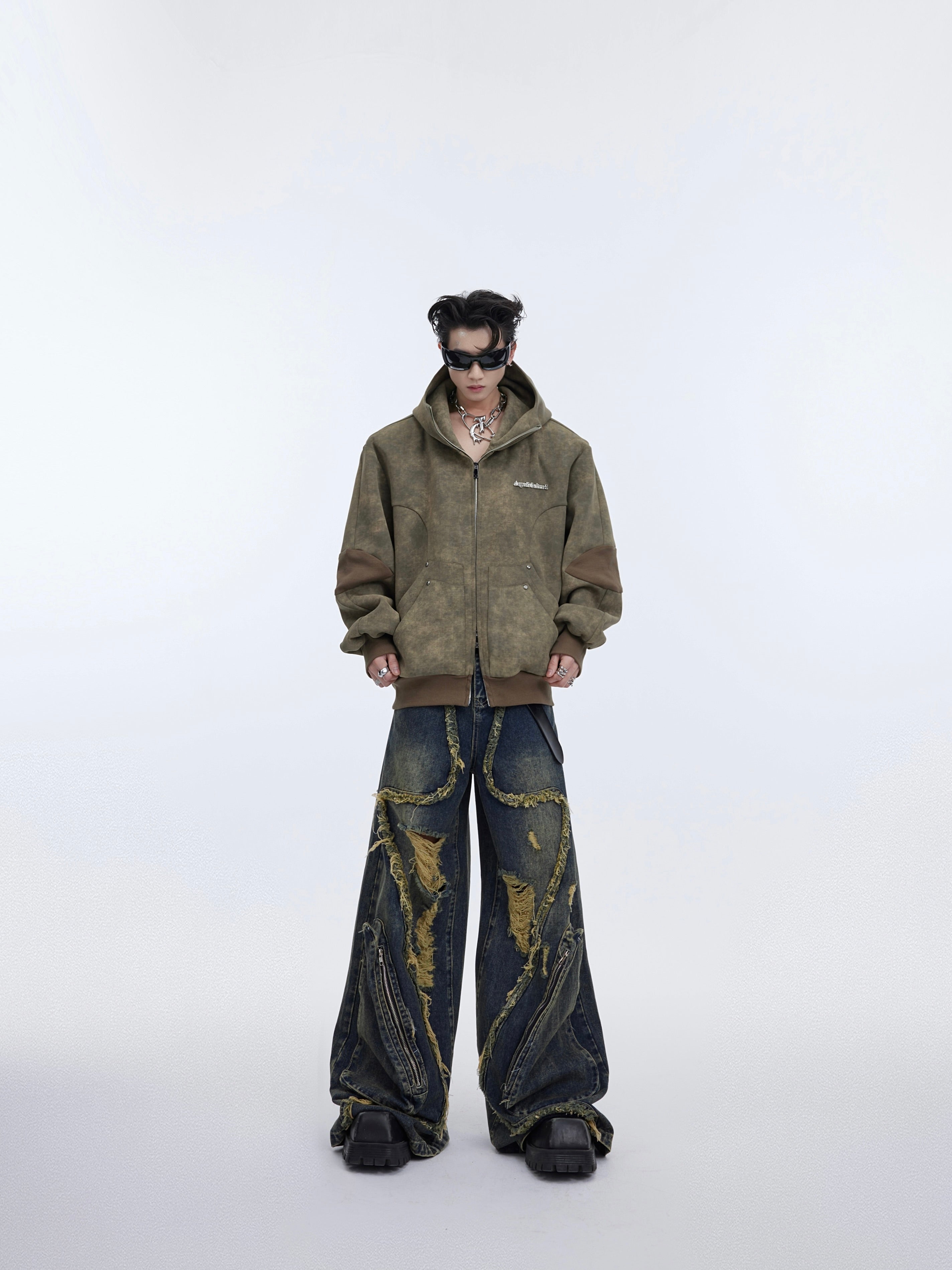 Deconstructed Vintage Hoodie - Distressed Metal Trim Oversized Streetwear