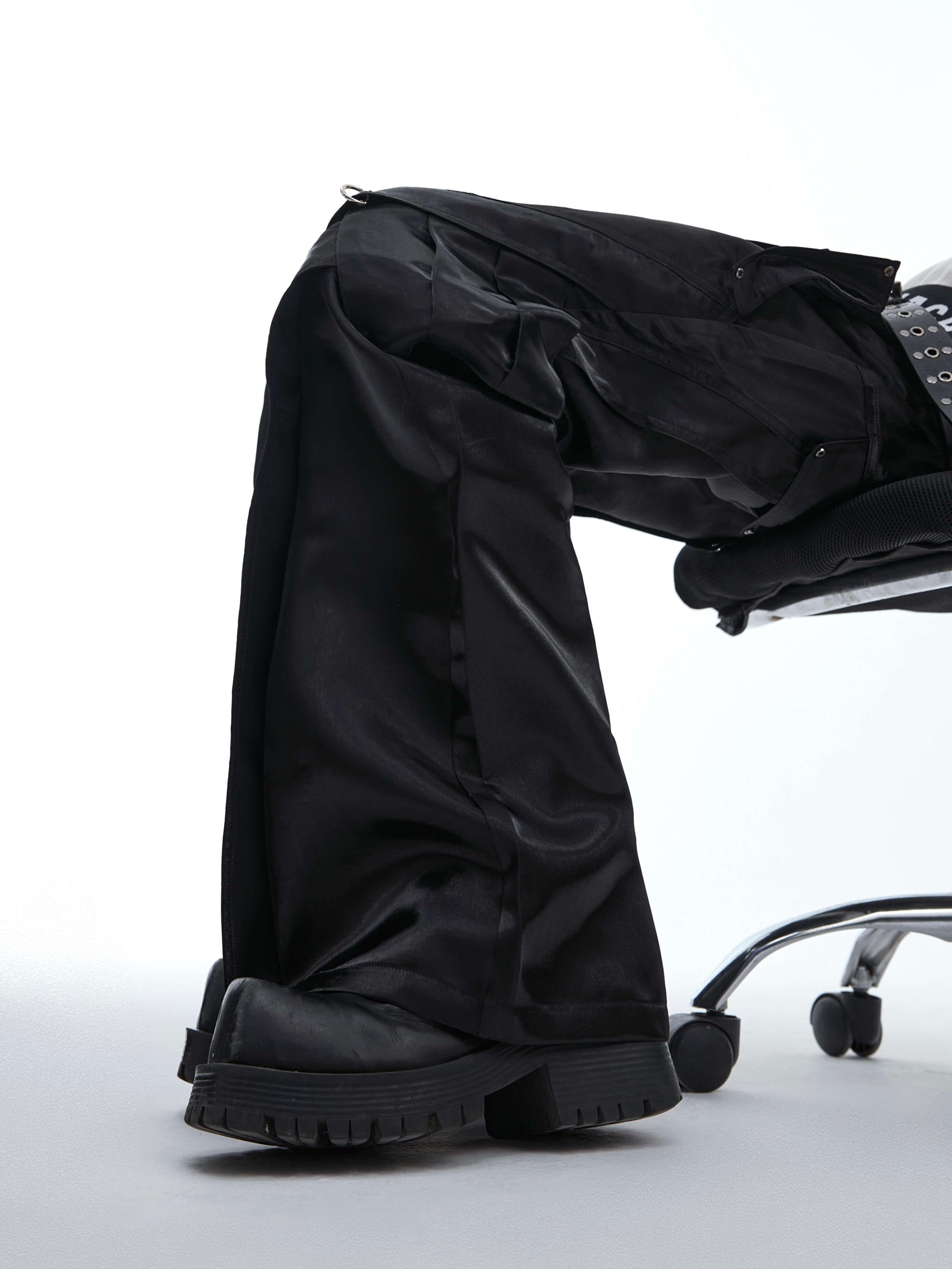 Futuristic Liquid-Leather Pants - Metallic Buckles & Flared Fit