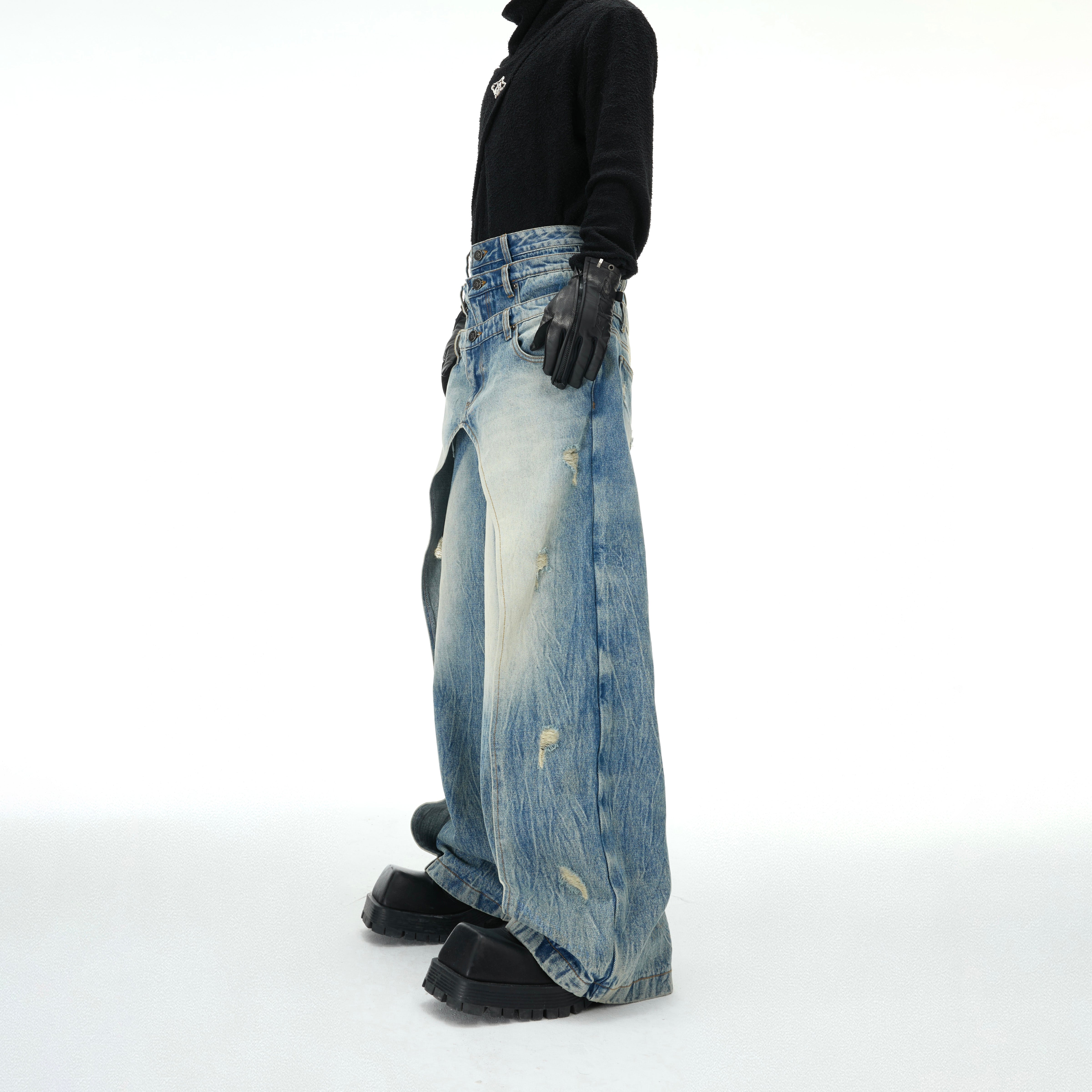 Deconstructed Washed Blue Jeans - Distressed Streetwear Pants