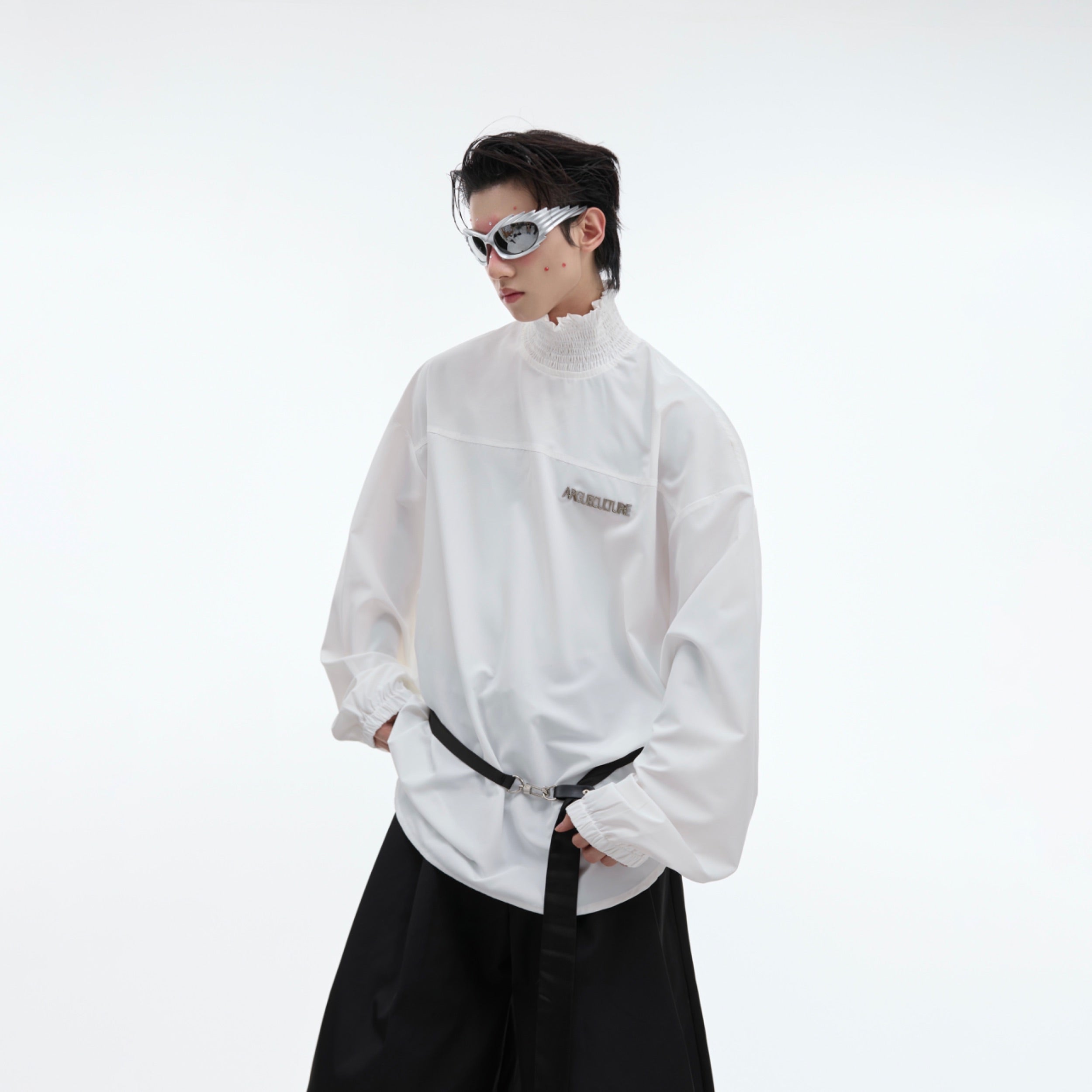 High-Neck Ruffle-Blouse - Loose Fit Long-Sleeve Streetwear Shirt