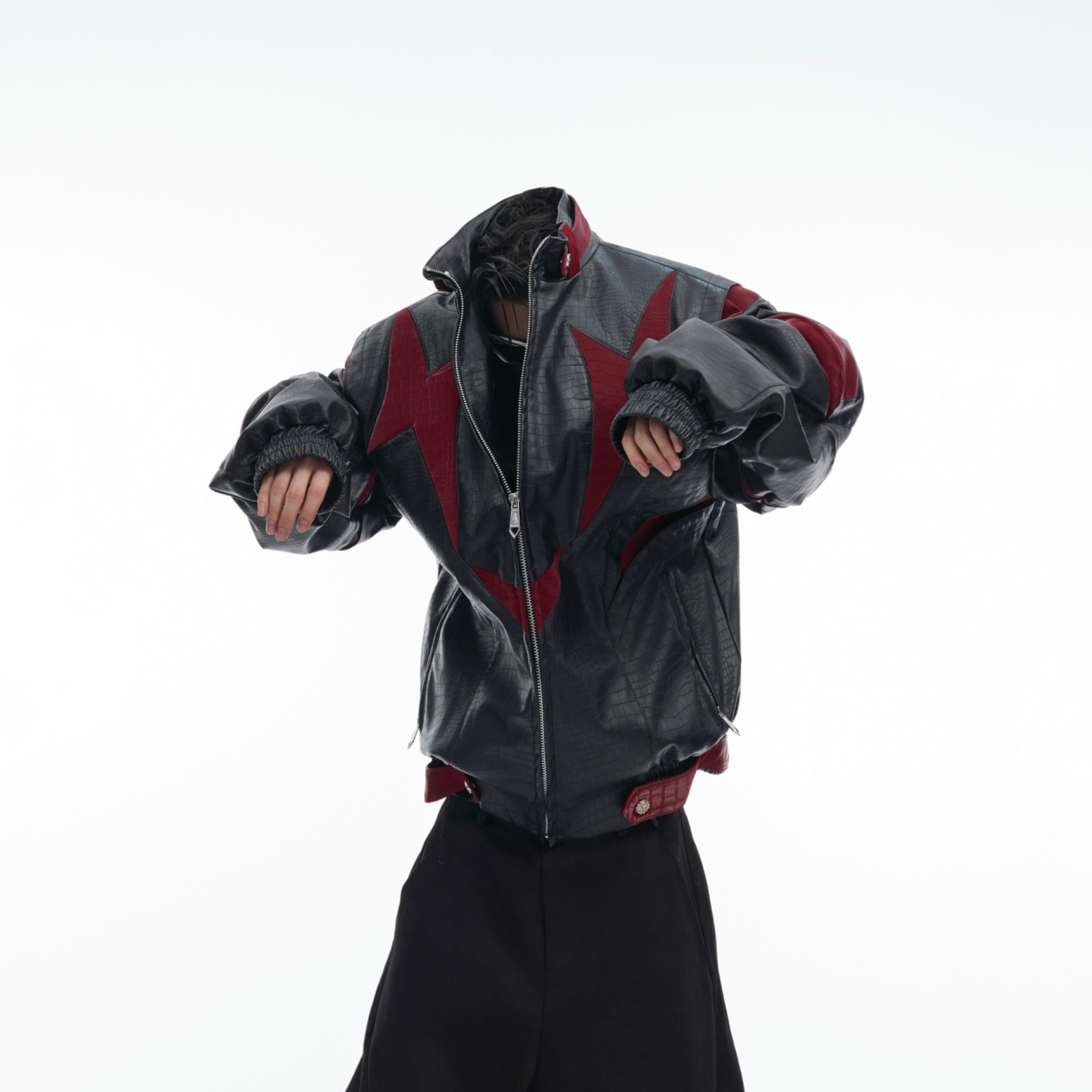 Deconstructed Croc-Print PU Leather Jacket - Oversized Biker Coat