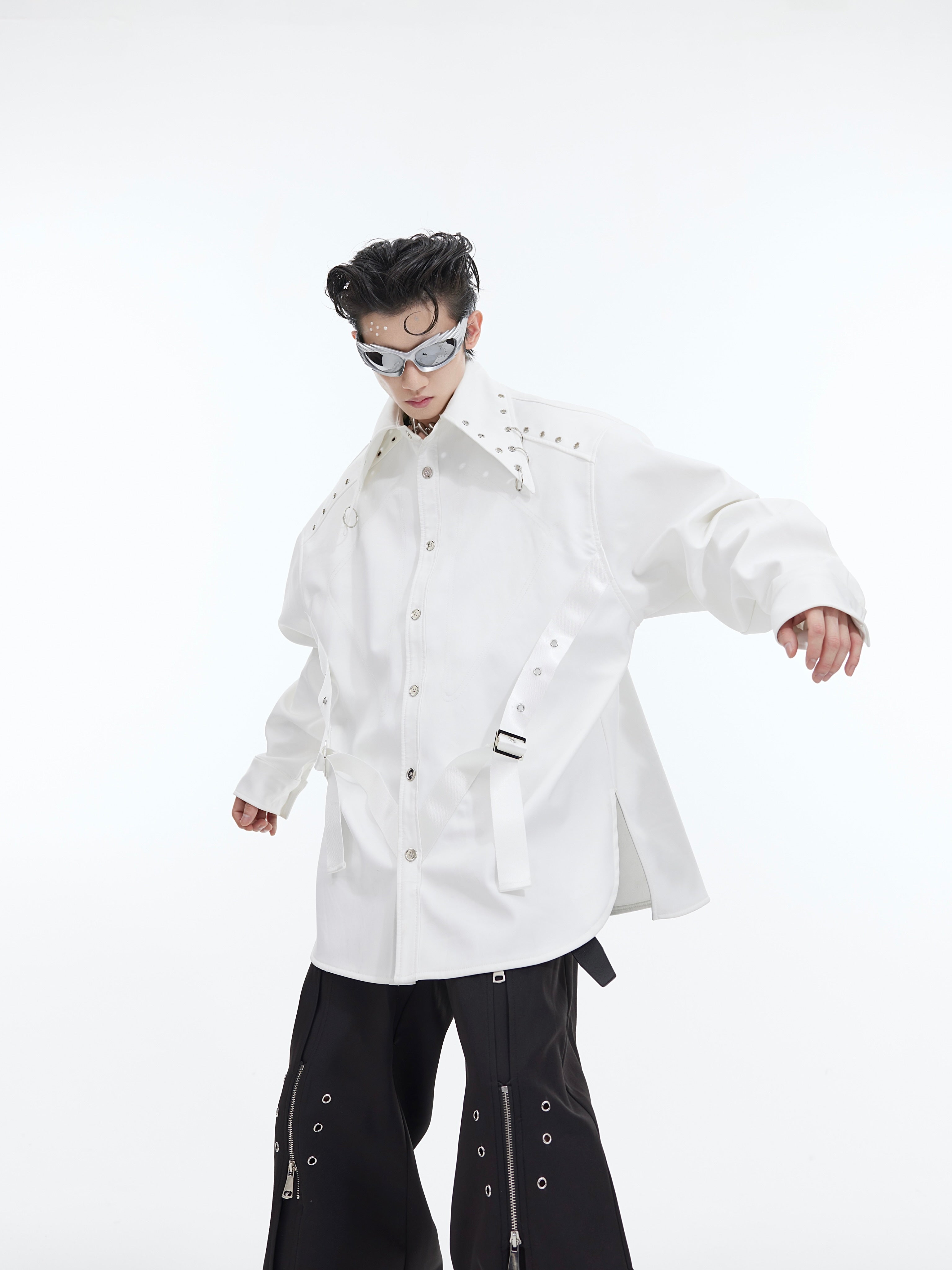Deconstructed White Shirt with Shoulder Pads-Metal Details-Streetwear