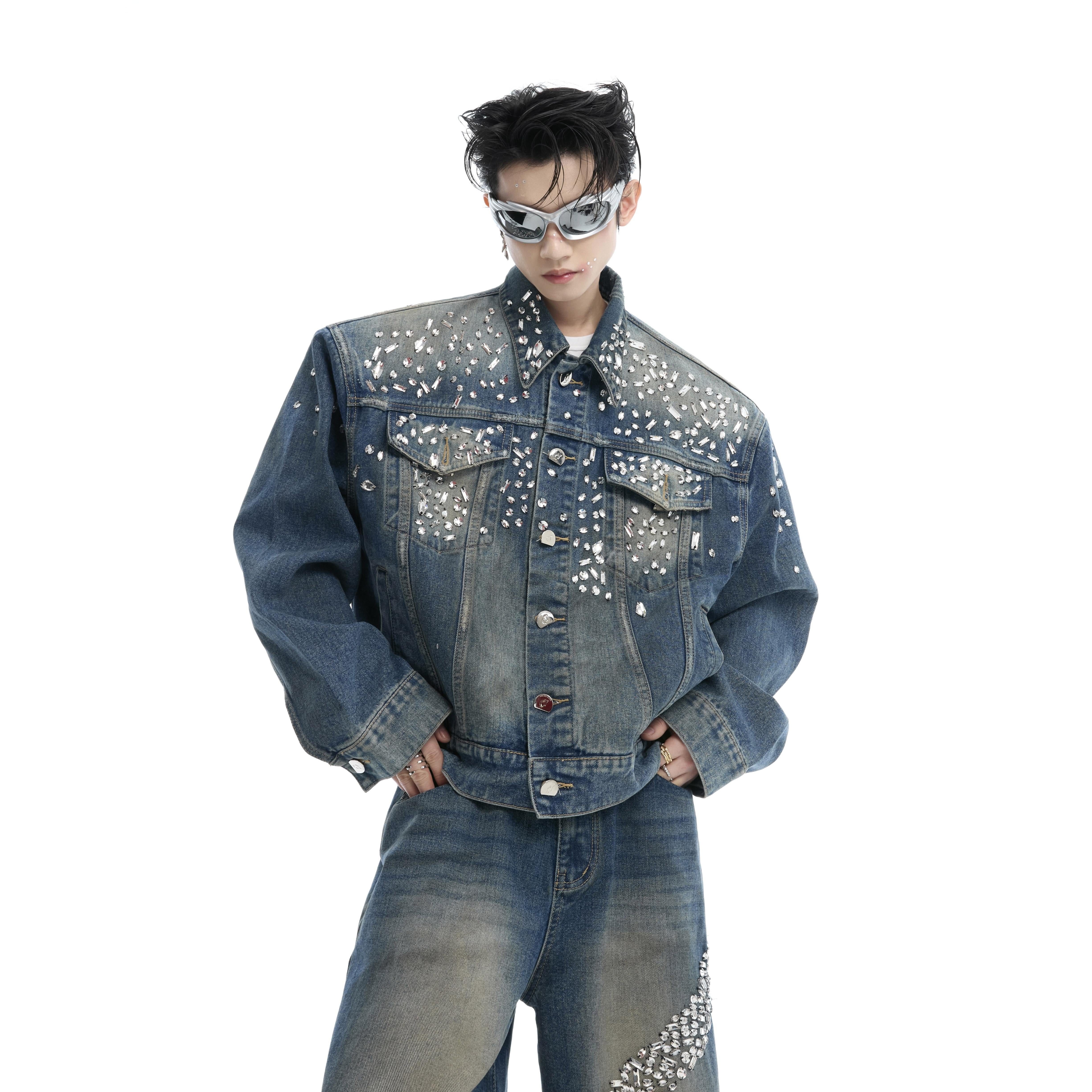 Vintage Rhinestone Denim Jacket - Straight Leg Jeans Set