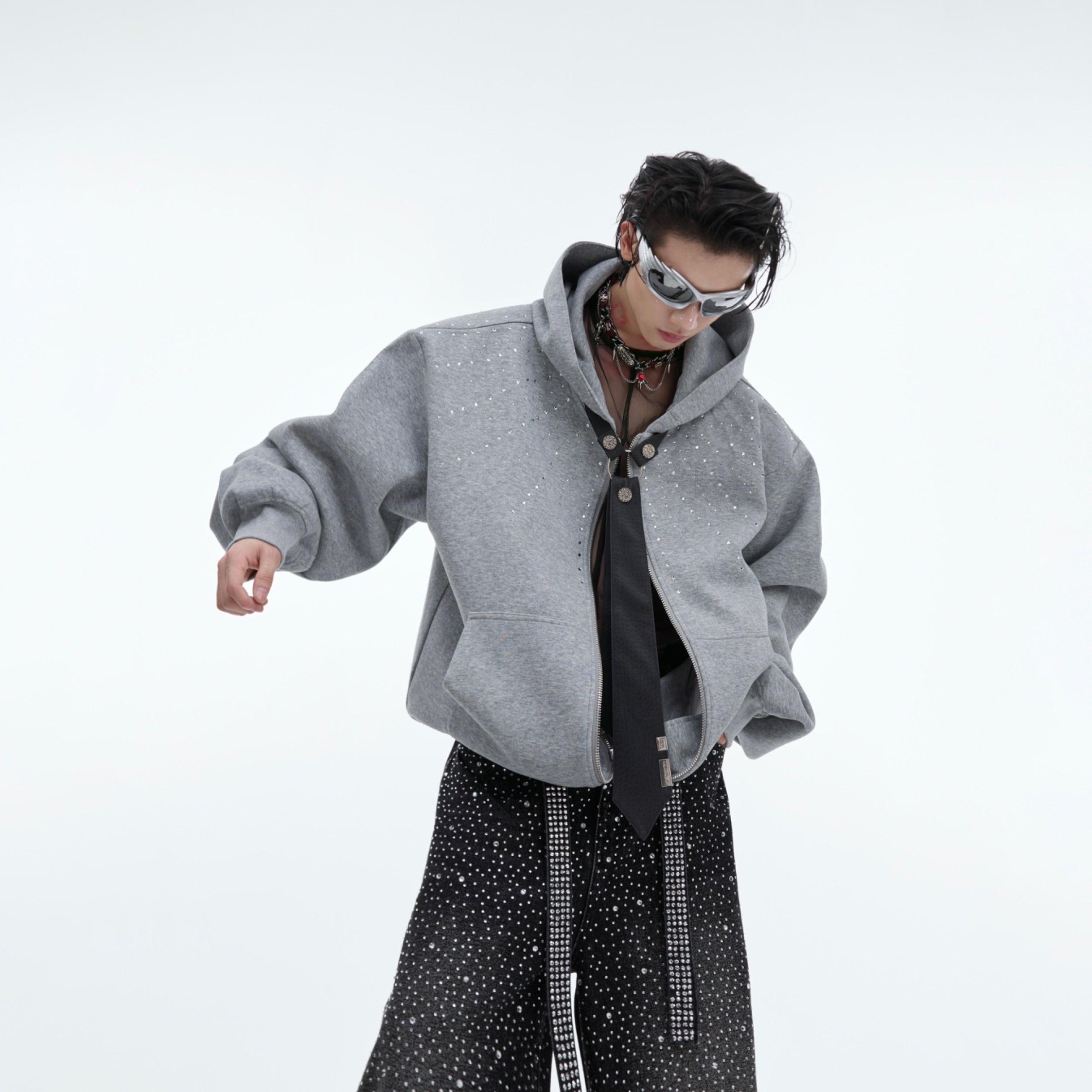 Hooded Zip-Up Sweatshirt with Detachable Tie - Glitter Detail Oversized Streetwear