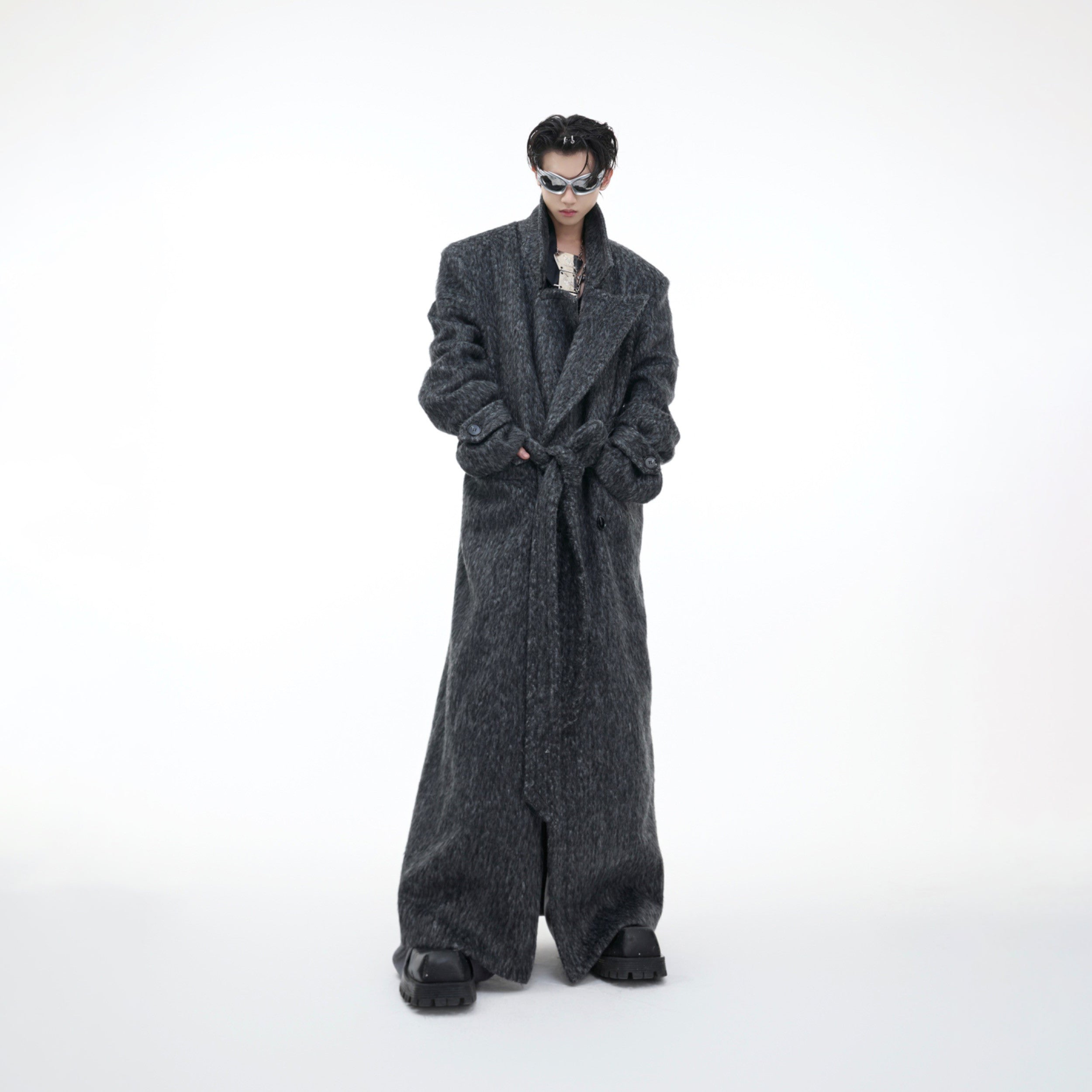 Oversized Plush Wool Trench Coat - Wide Shoulder Belted Long Coat