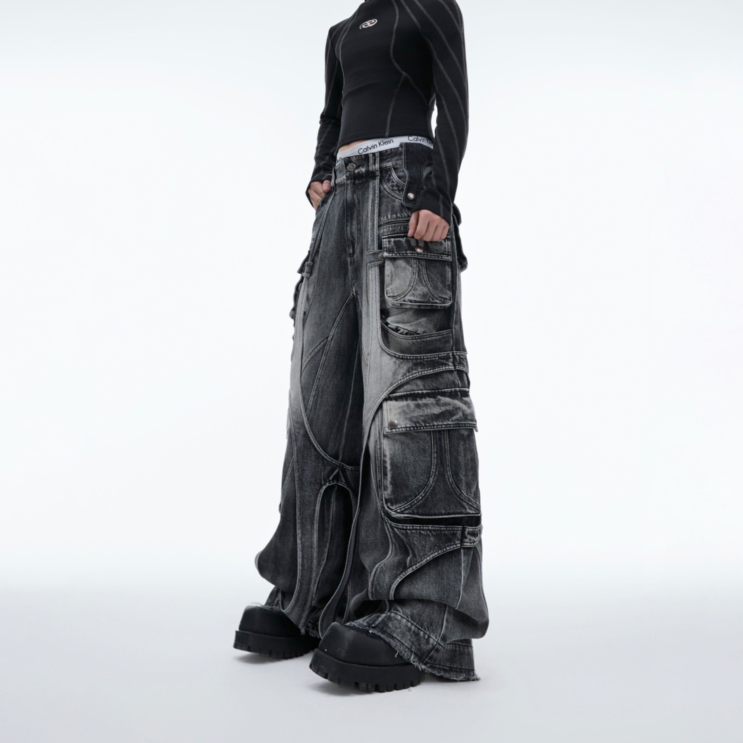 Distressed Wide-Leg Jeans - Raw Hem Cargo Pants with Drawstrings