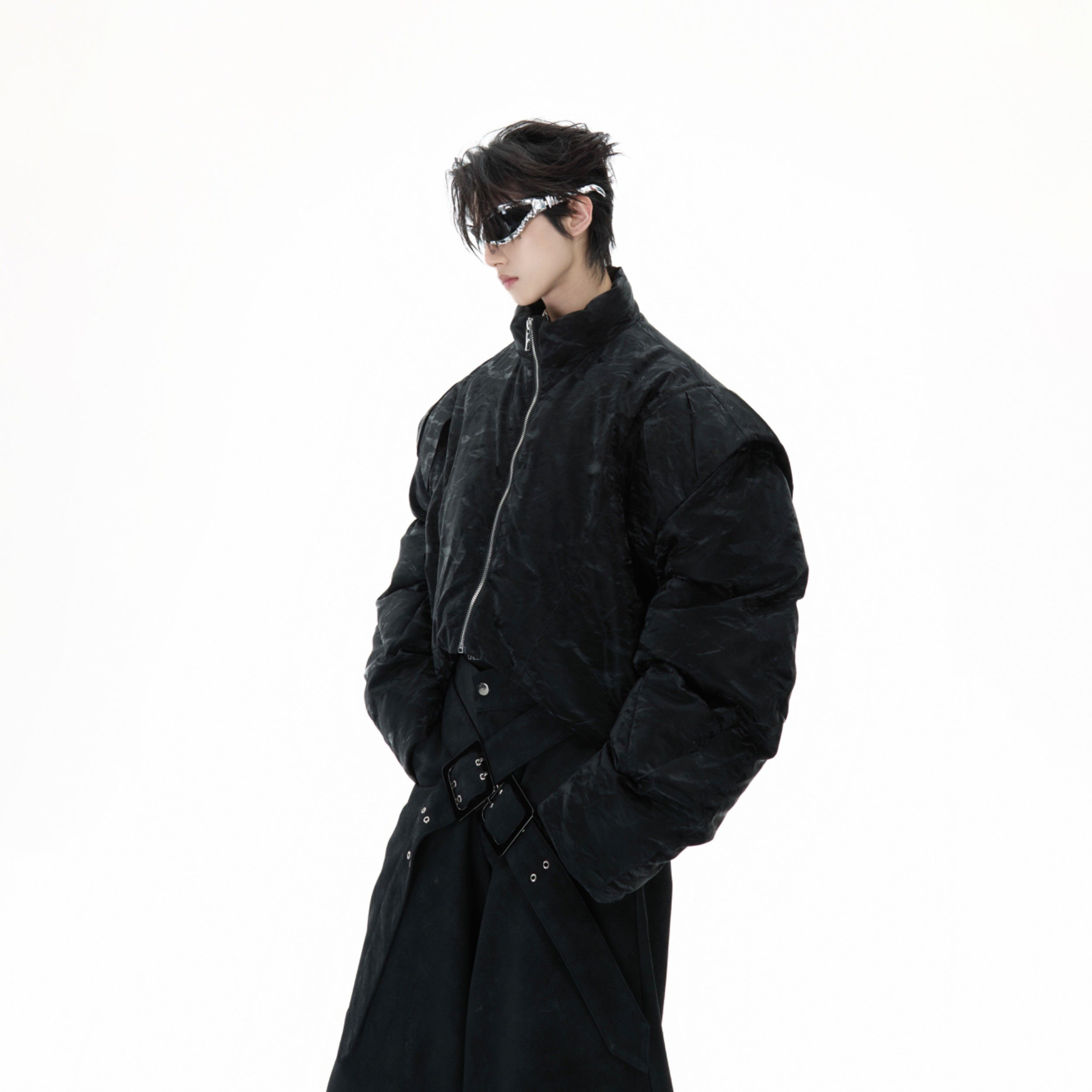 Deconstructed Pleated Cropped Puffer Jacket - Glossy Textured Coat