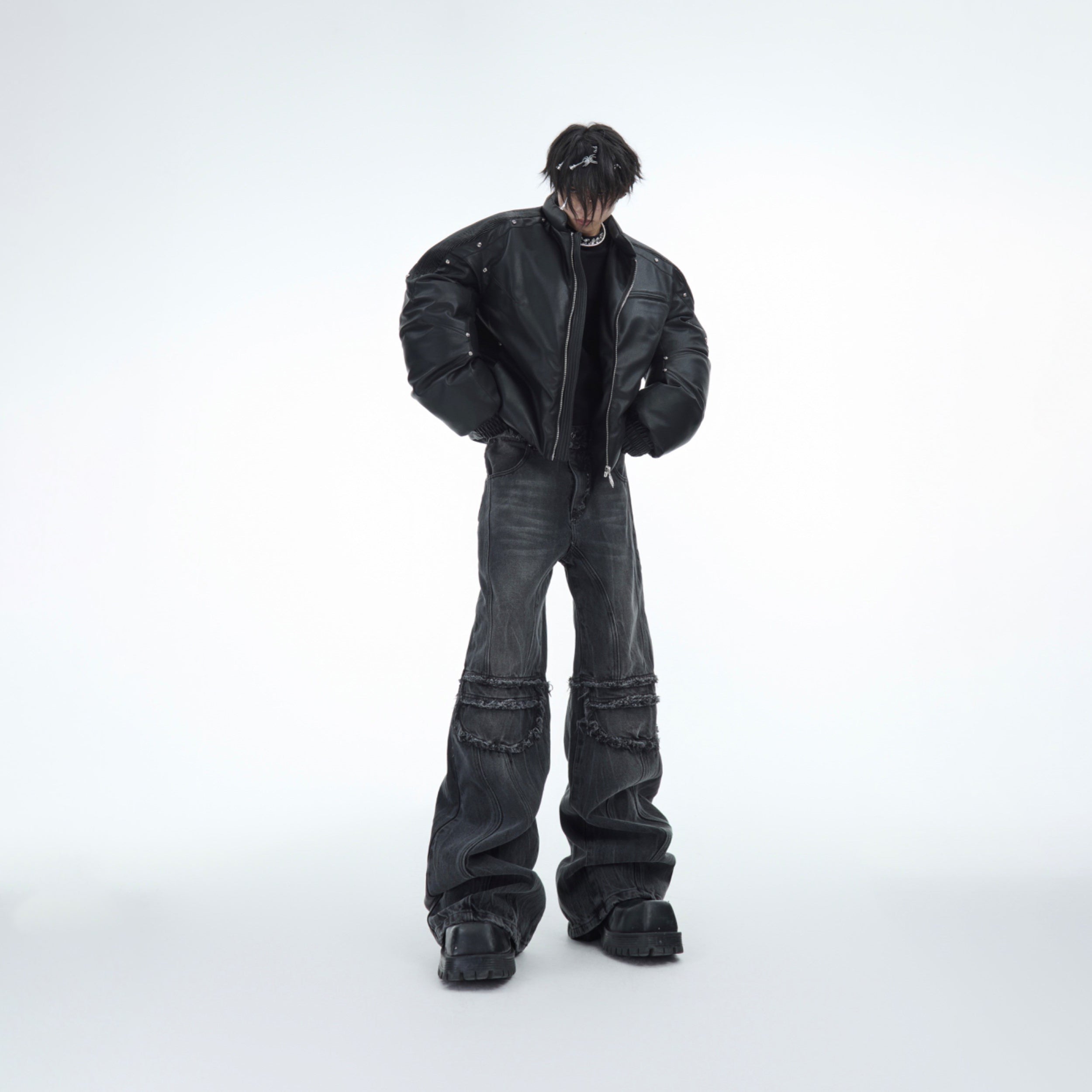 Distressed Washed Straight-Leg Jeans - Raw Hem Grey Ripple