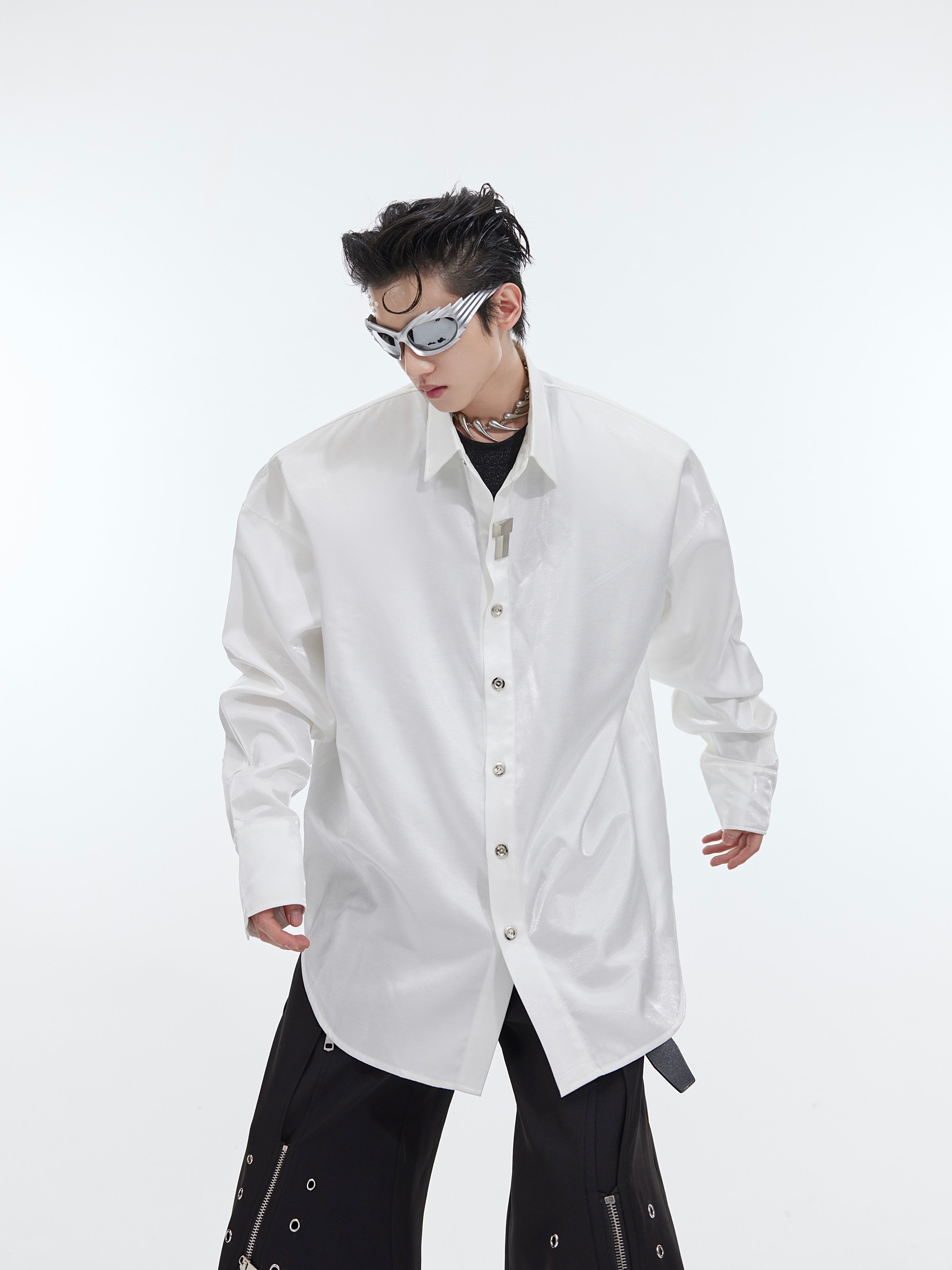 Deconstructed Liquid-Shine Oversized Shirt - Metallic Trim Streetwear