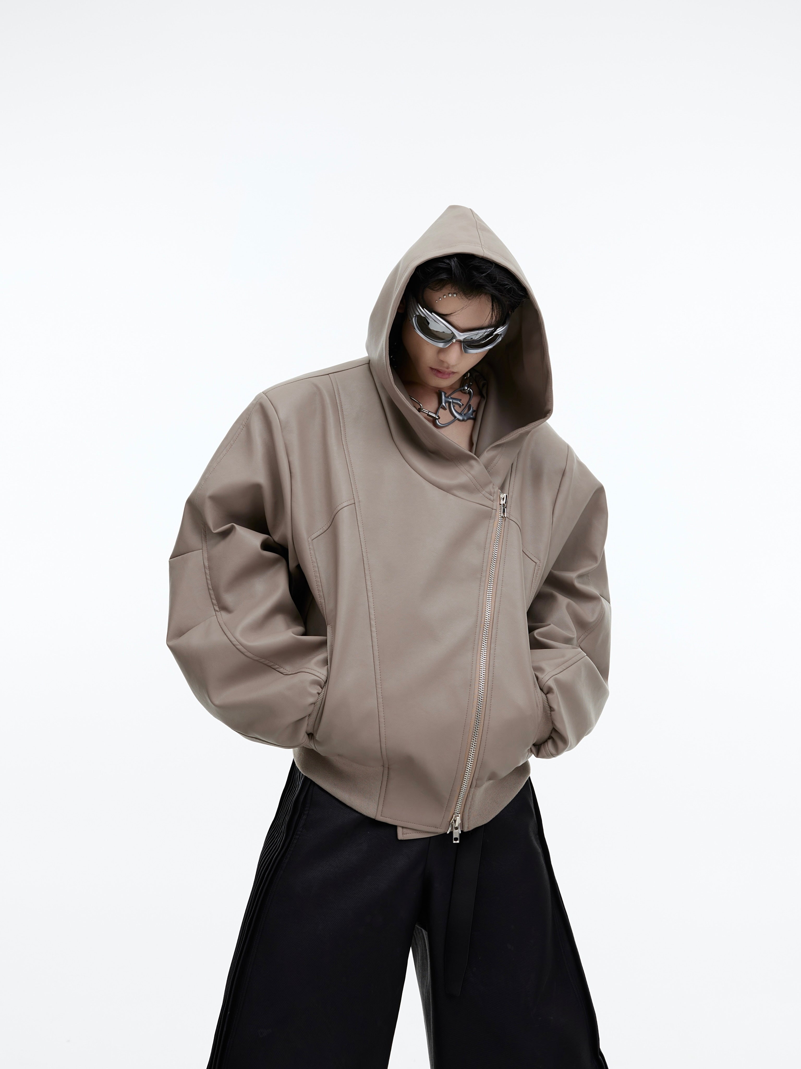 Deconstructed PU Hooded Jacket - Oversized Sleeve Streetwear Coat