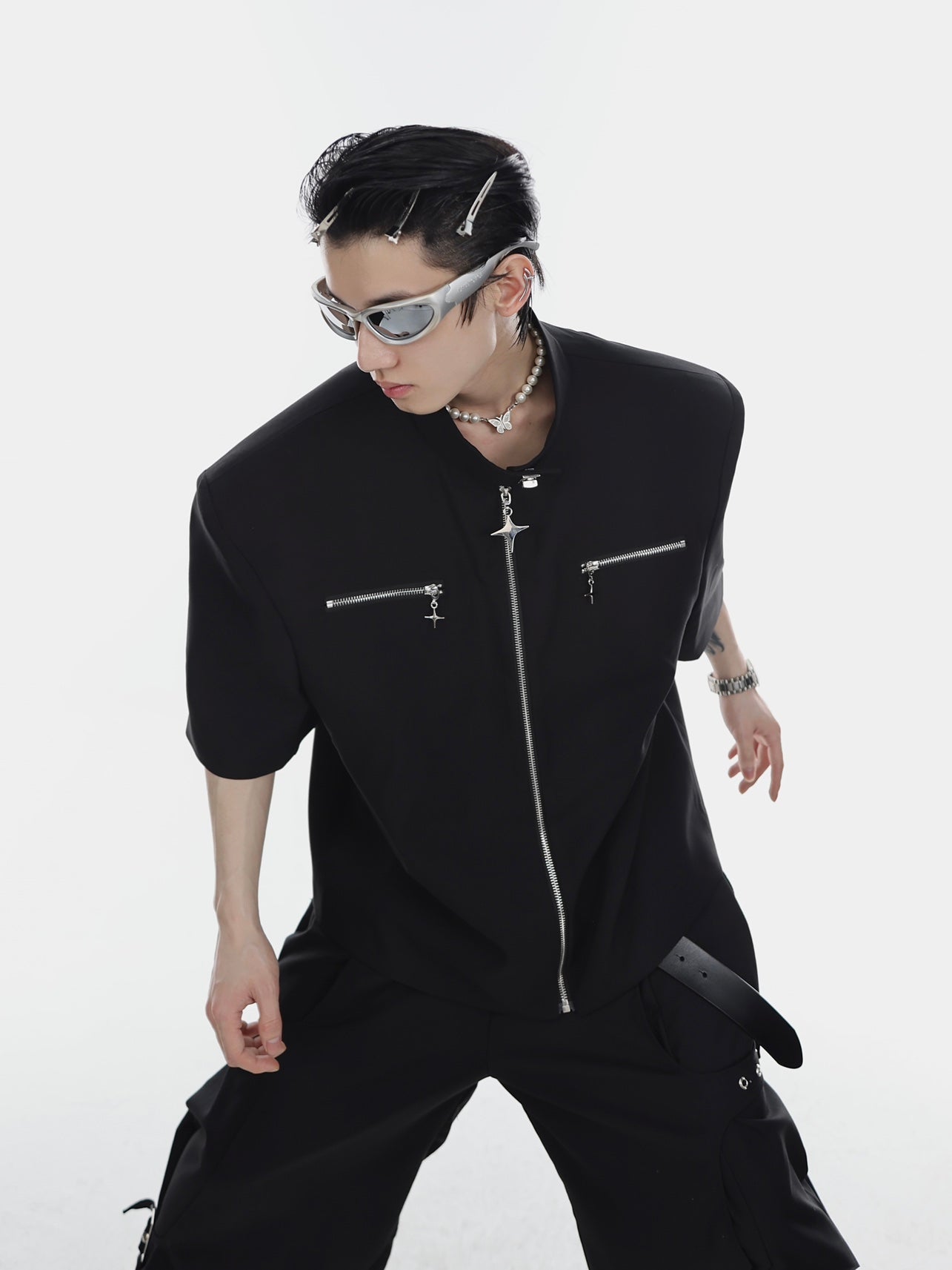 Deconstructed Zip-Up Short Sleeve Blazer - Streetwear Mens Jacket