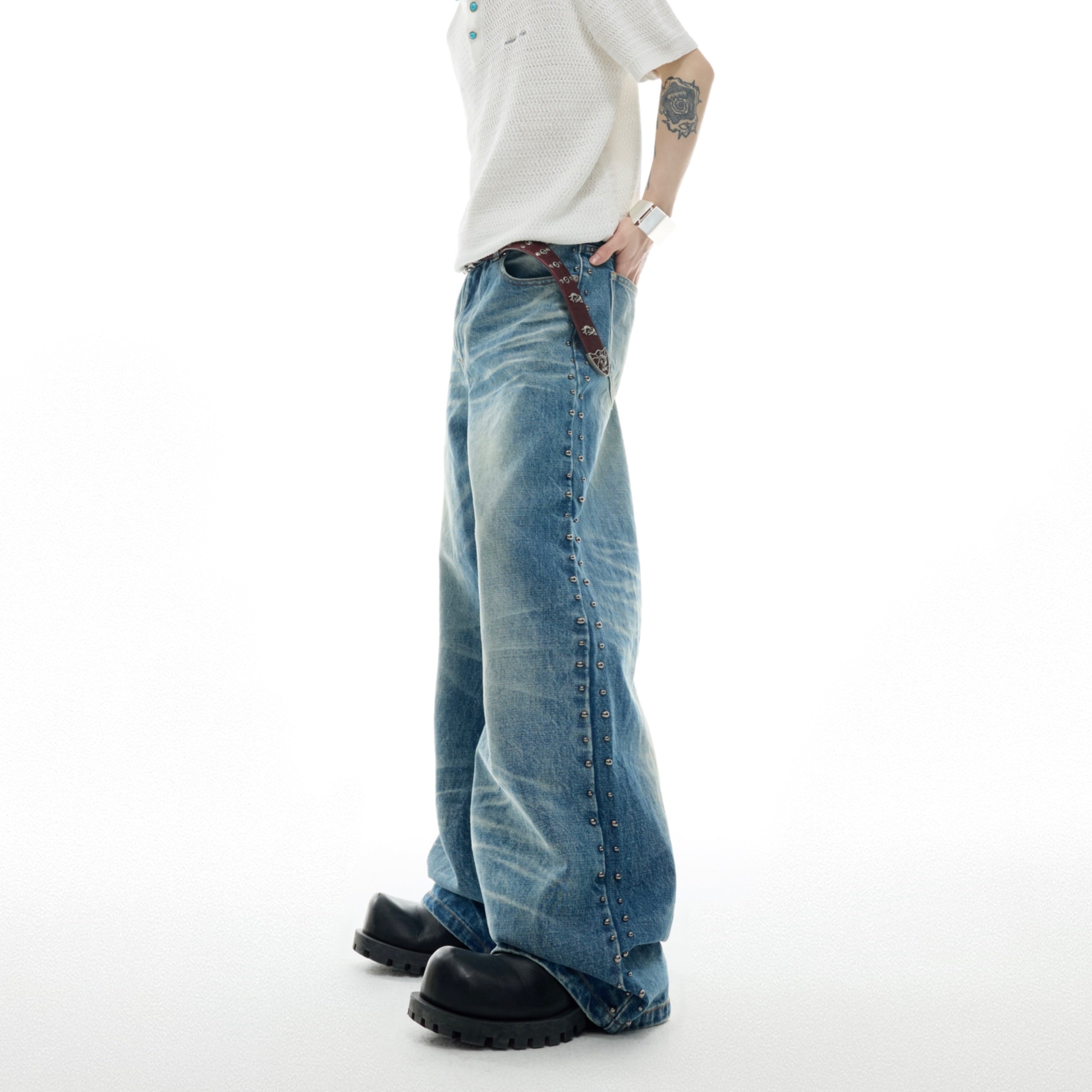 Vintage Distressed Straight-Flare Jeans with Metal Studs