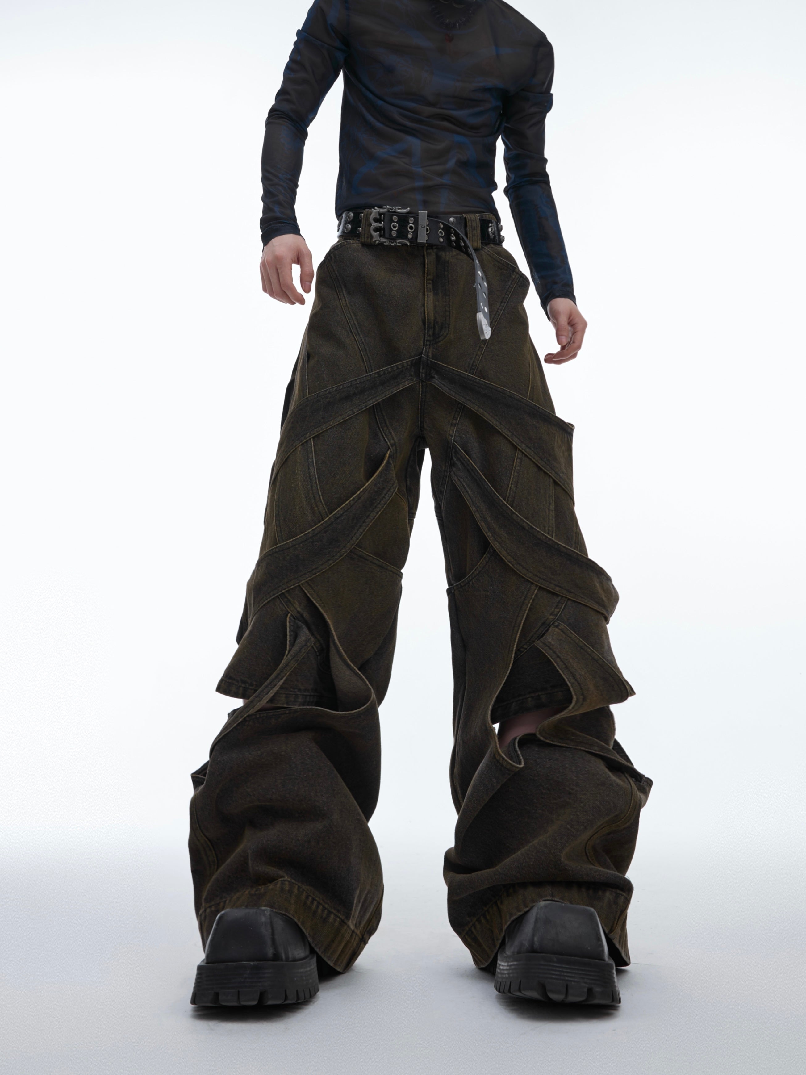 Deconstructed Distressed Wide-Leg Cargo Jeans - Raw Cutout Denim