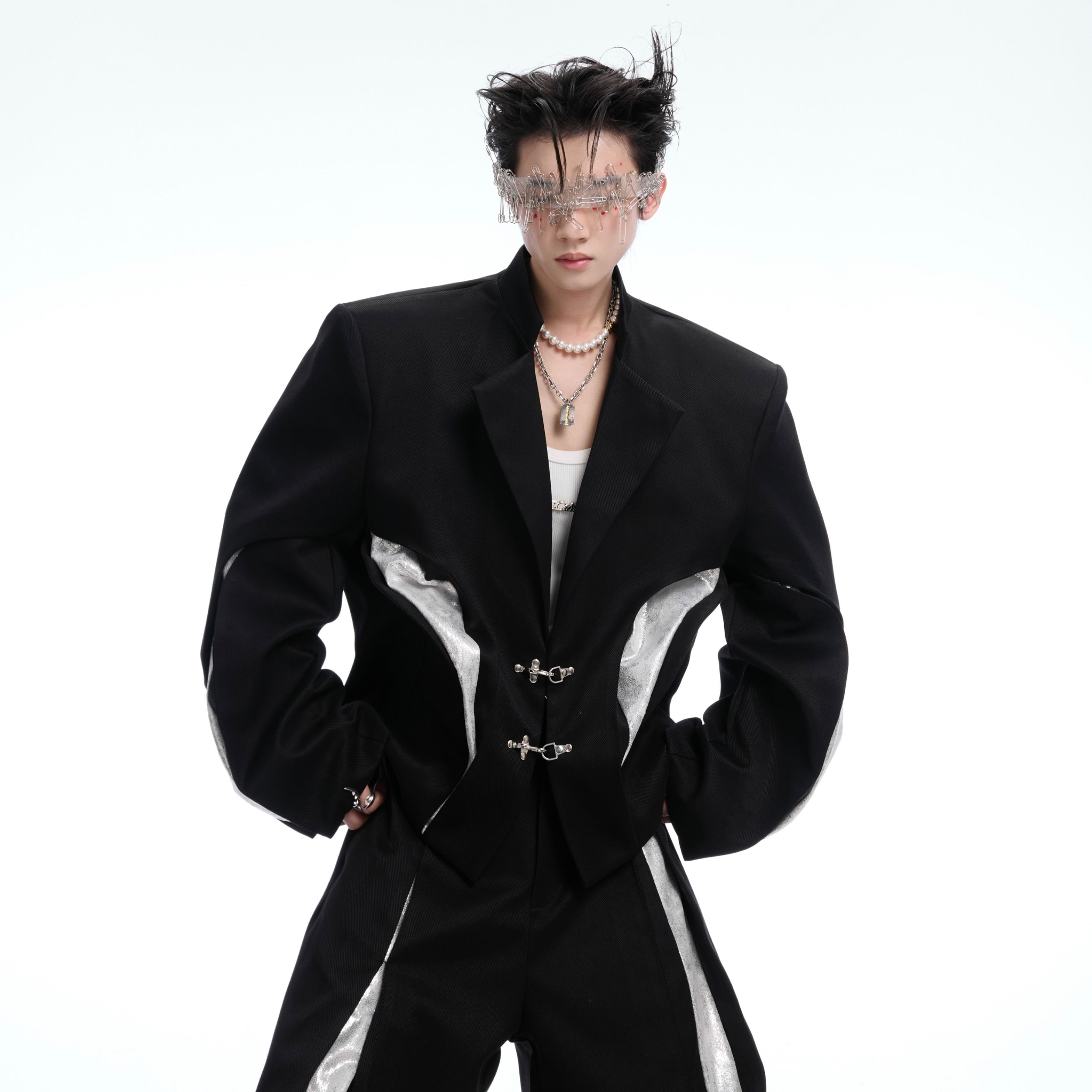 Deconstructed Cropped Blazer - Textured Twill Jacket with Metal Buttons