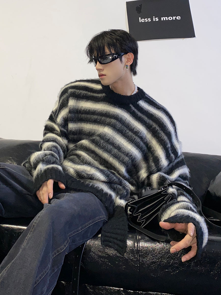 Black-White Striped Mohair Sweater - Loose Fit Streetwear Knit