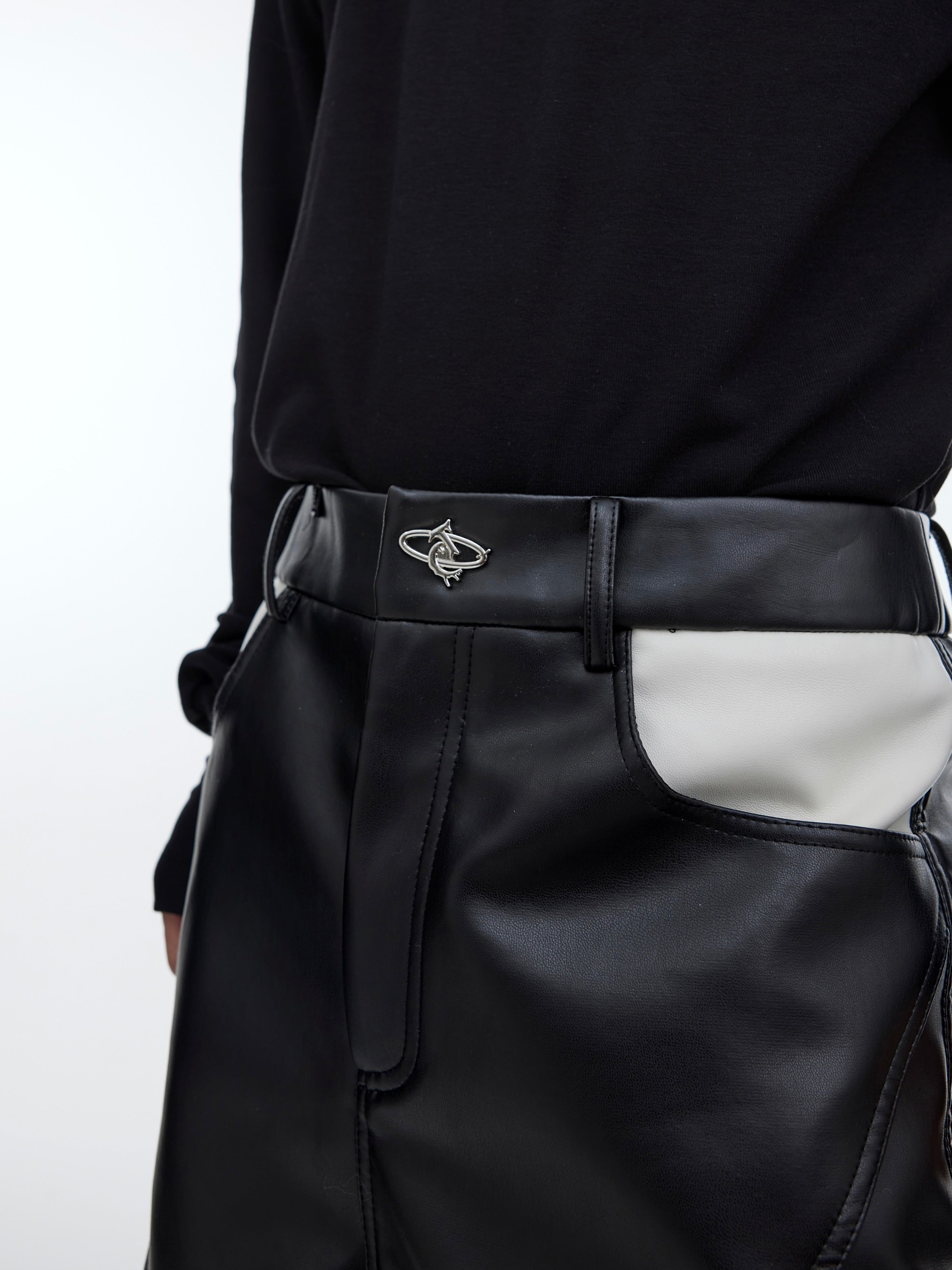 Deconstructed PU Leather Pants - Geometric Cutout Design - Streetwear