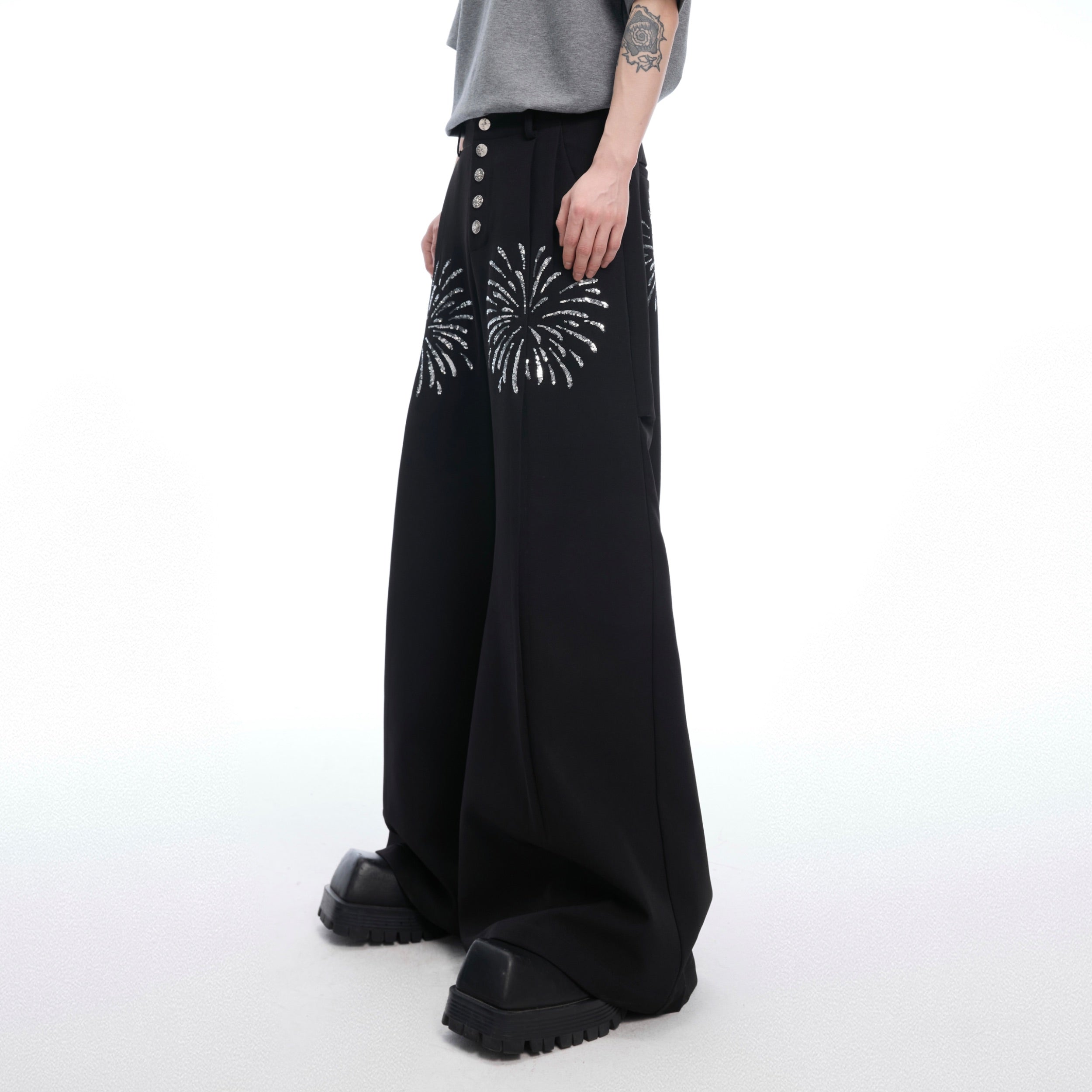 Glitter Flare Pants - High Waist Wide Leg with Metal Buttons