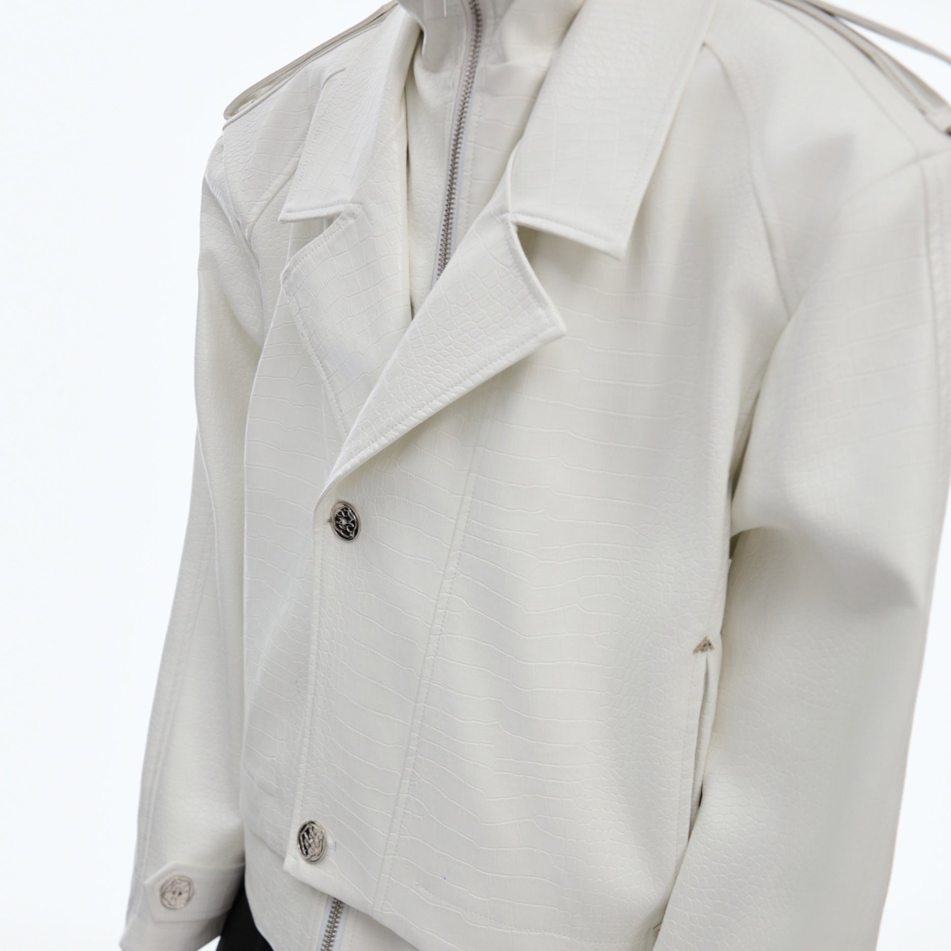 Crocodile-Print Biker Jacket - Faux Two-Piece Retro Streetwear