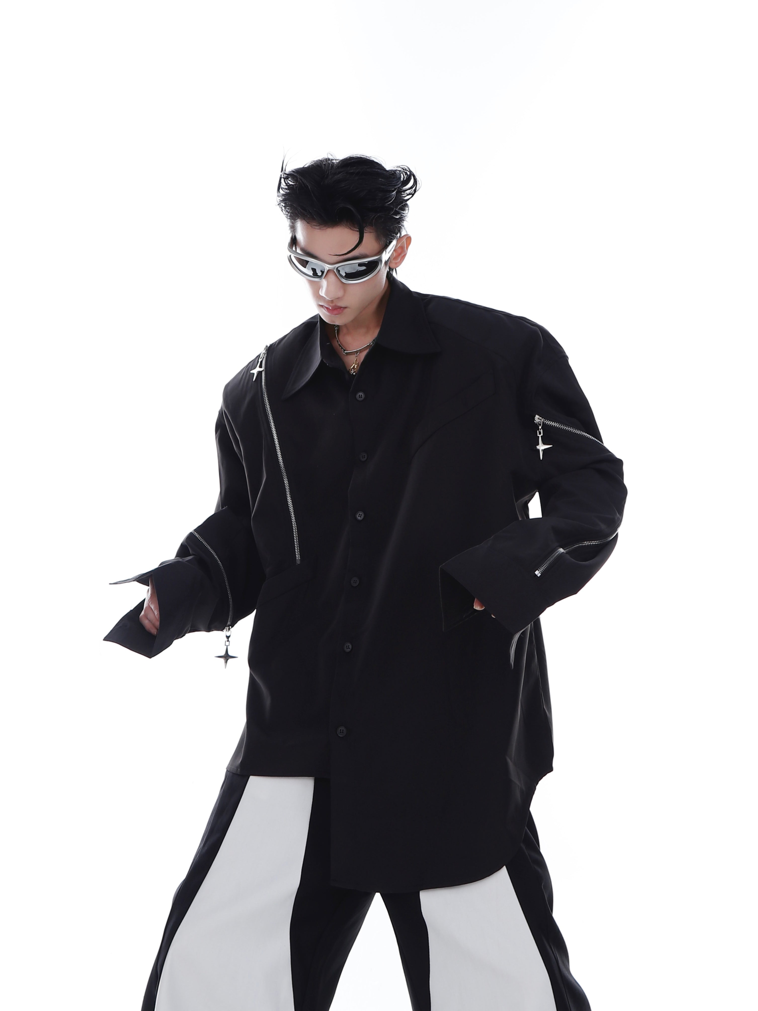 Oversized White Shirt-Jacket with Asymmetrical Cut & Metal Zipper